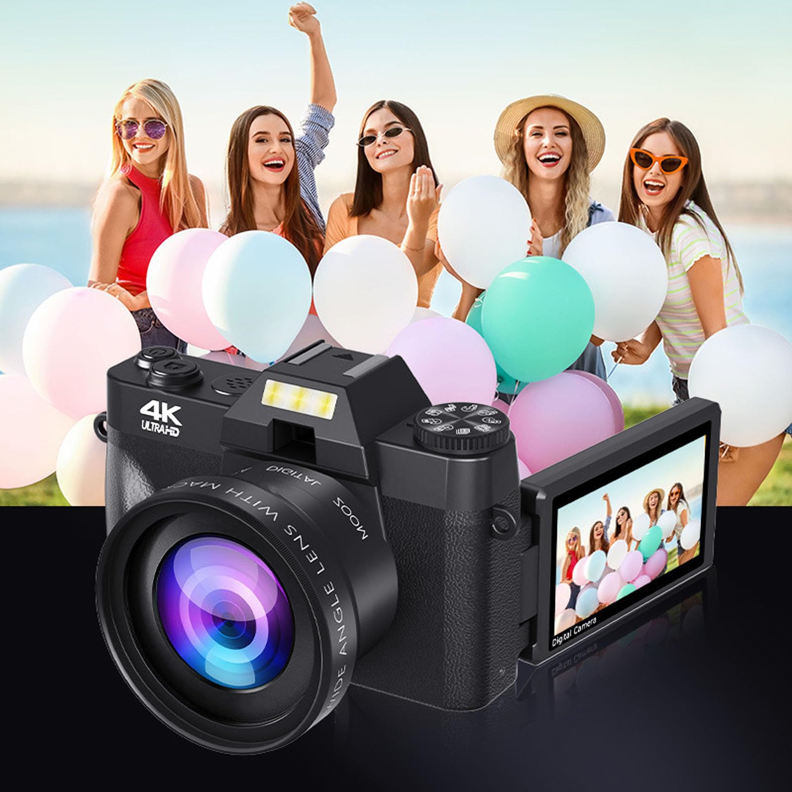 Sxhlseller 4K Digital Camera with 16X Zoom - 3 Inch IPS Rotating Touch Screen, 60FPS 56MP Vlogging Camera for YouTube, Travel & Camping - Perfect for Outdoor Adventures, Family Events and Content Creation