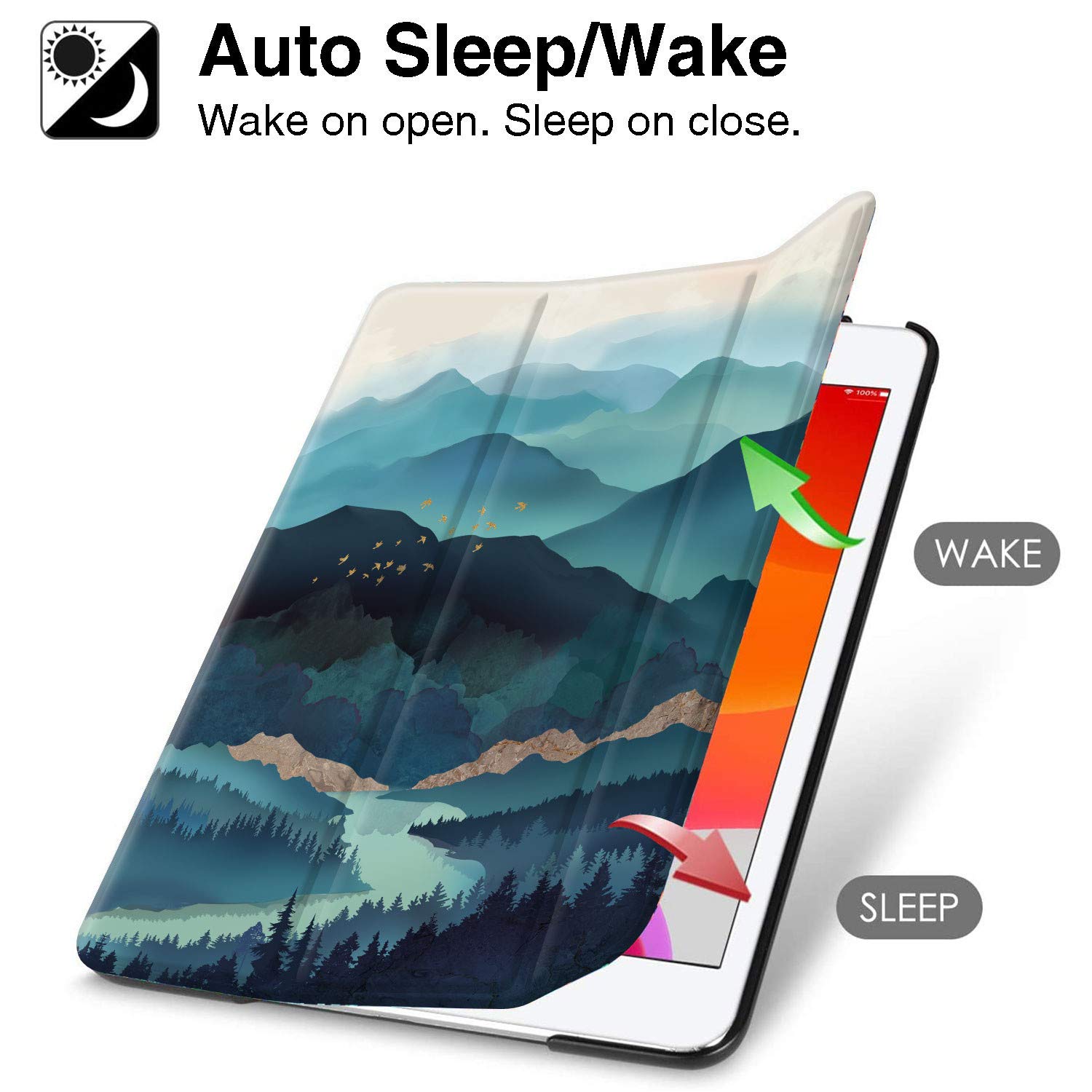 HiSpace iPad 9th/8th/7th Generation Case (10.2 inch 2021/2020/2019 Models) - Teal Mountain Watercolor Design with Pencil Holder, Shockproof Protective Cover Featuring Auto Sleep/Wake for iPad A2270 A2428 A2429 A2197 - Perfect for School, Work & Travel