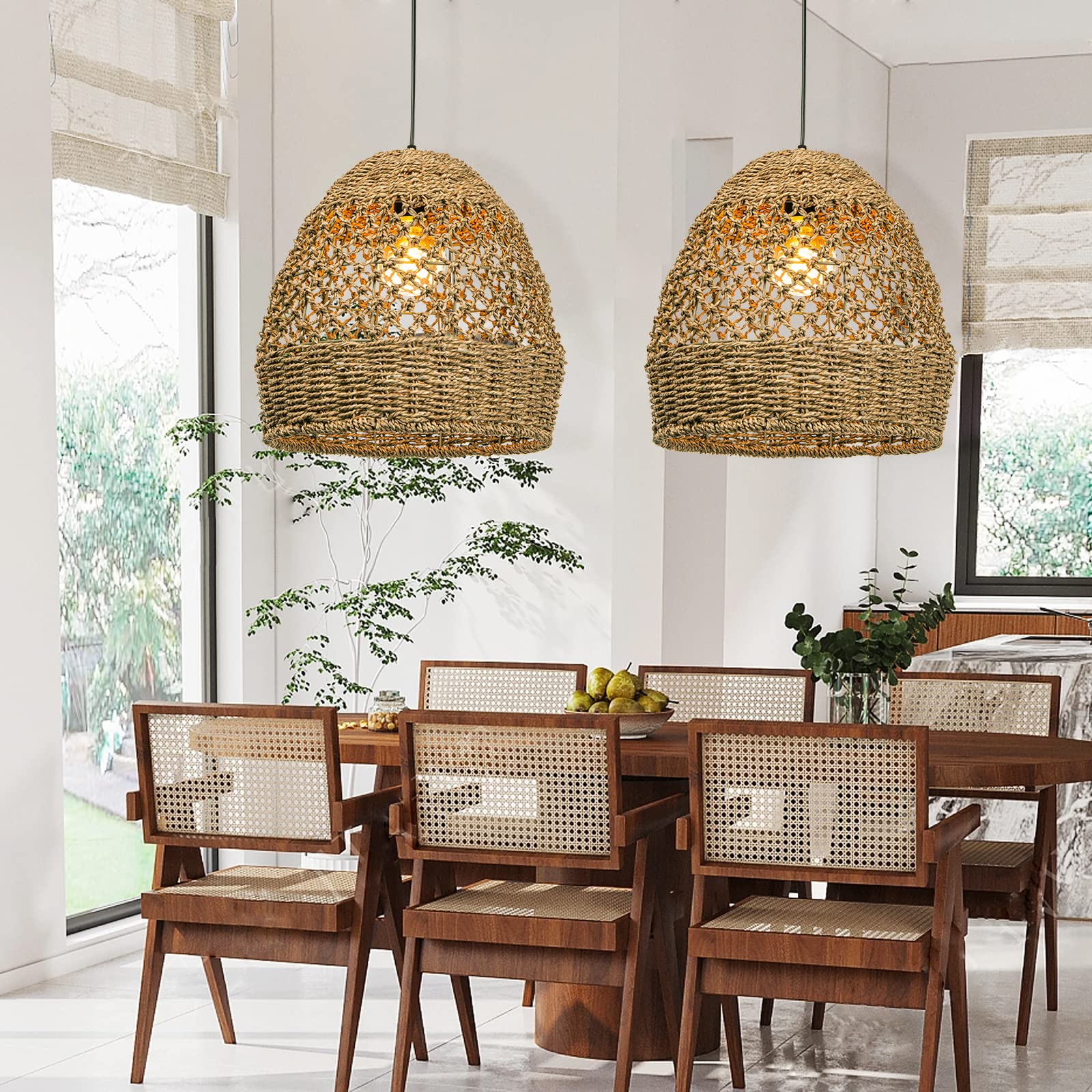 WalmHomie Hand-Woven Rattan Pendant Light - 15.74