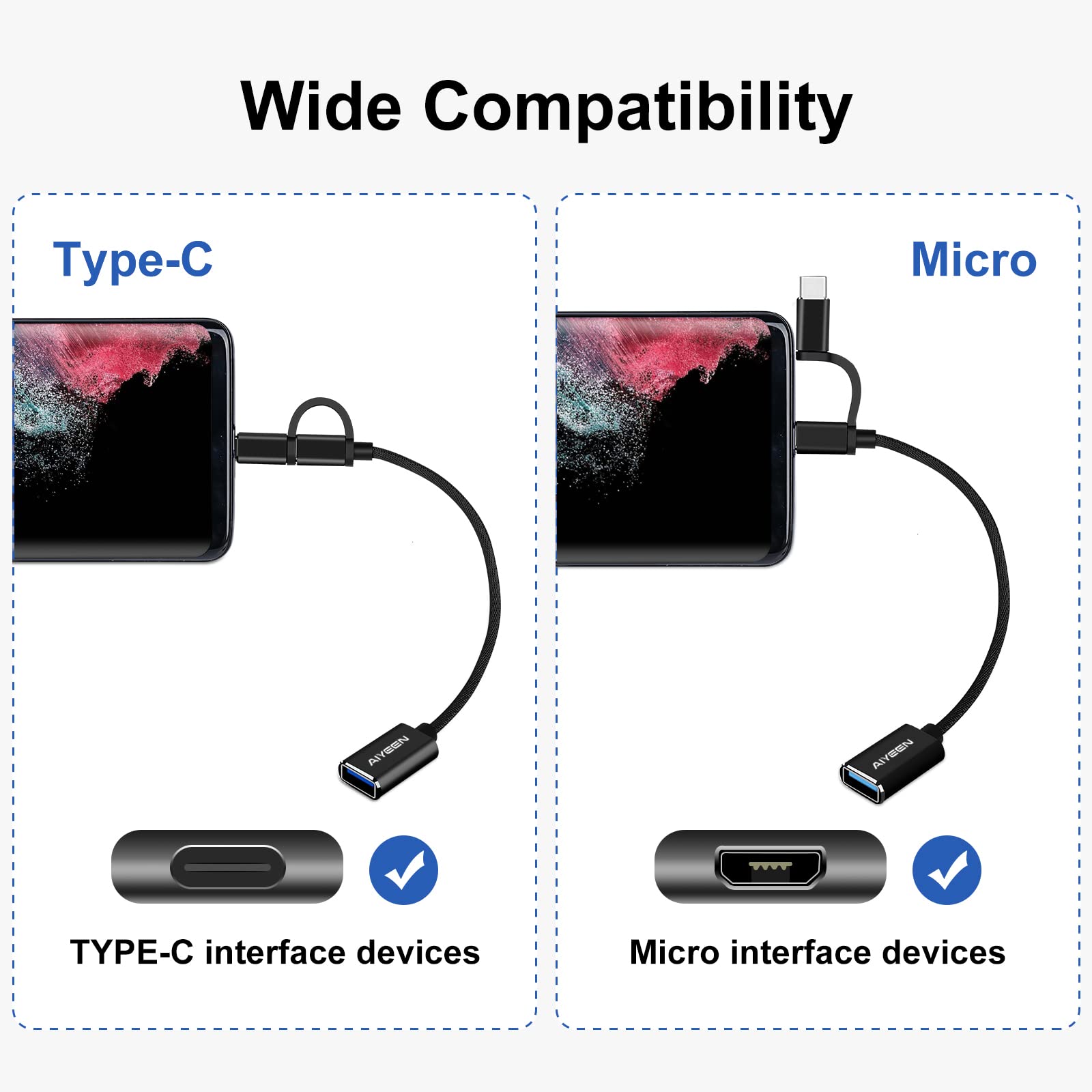 AIYEEN 2-in-1 USB C to USB Adapter & Micro USB OTG Cable - USB 3.0 Fast Data Transfer Compatible with MacBook Pro, Samsung Galaxy, Google Pixel, Android Phones - Perfect for Travel, Office & Charging Multiple Devices (Black)