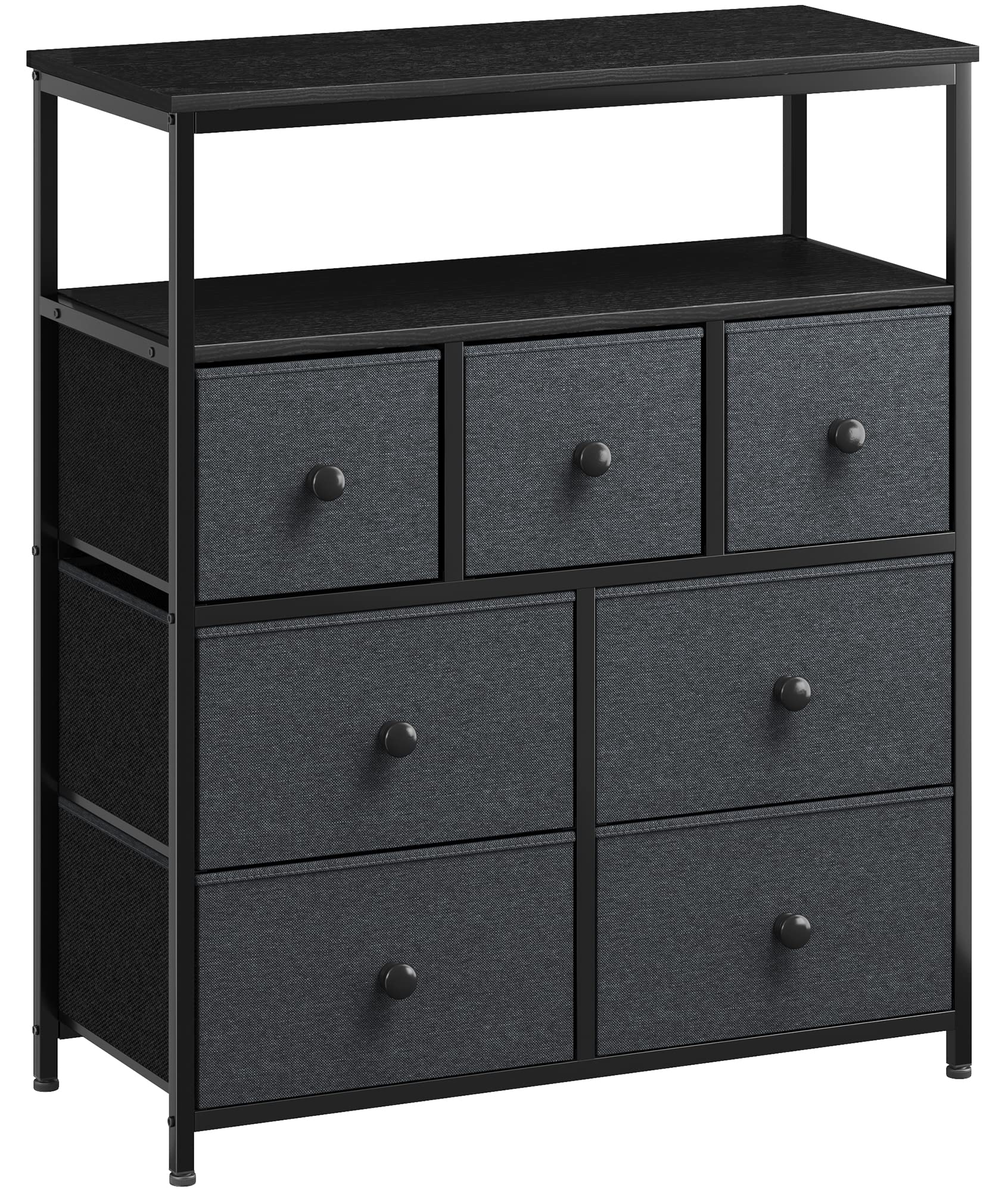 EnHomee 7-Drawer Dresser with Shelves - Black Fabric Tall Chest of Drawers with Wooden Top & Metal Frame for Bedroom, Closet, Nursery - Perfect for Storage & Organization in Small Spaces