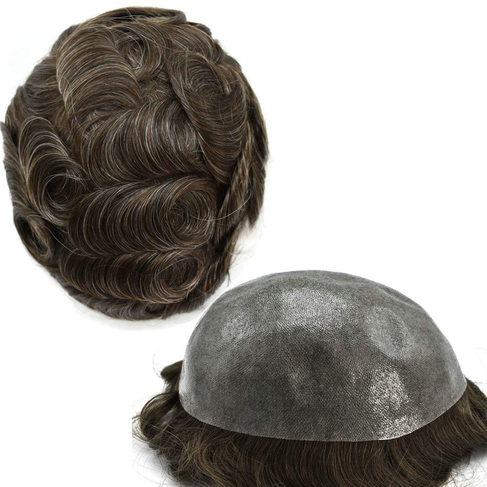 Premium Men's Toupee - 100% Human Hair Replacement System - Full PU Base - Light to Medium Density (7