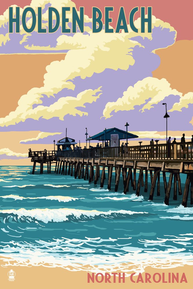 Holden Beach North Carolina Fishing Pier 45025 - Signed 24x36 Art Print - Coastal Wall Decor Poster for Beach House, Living Room & Office