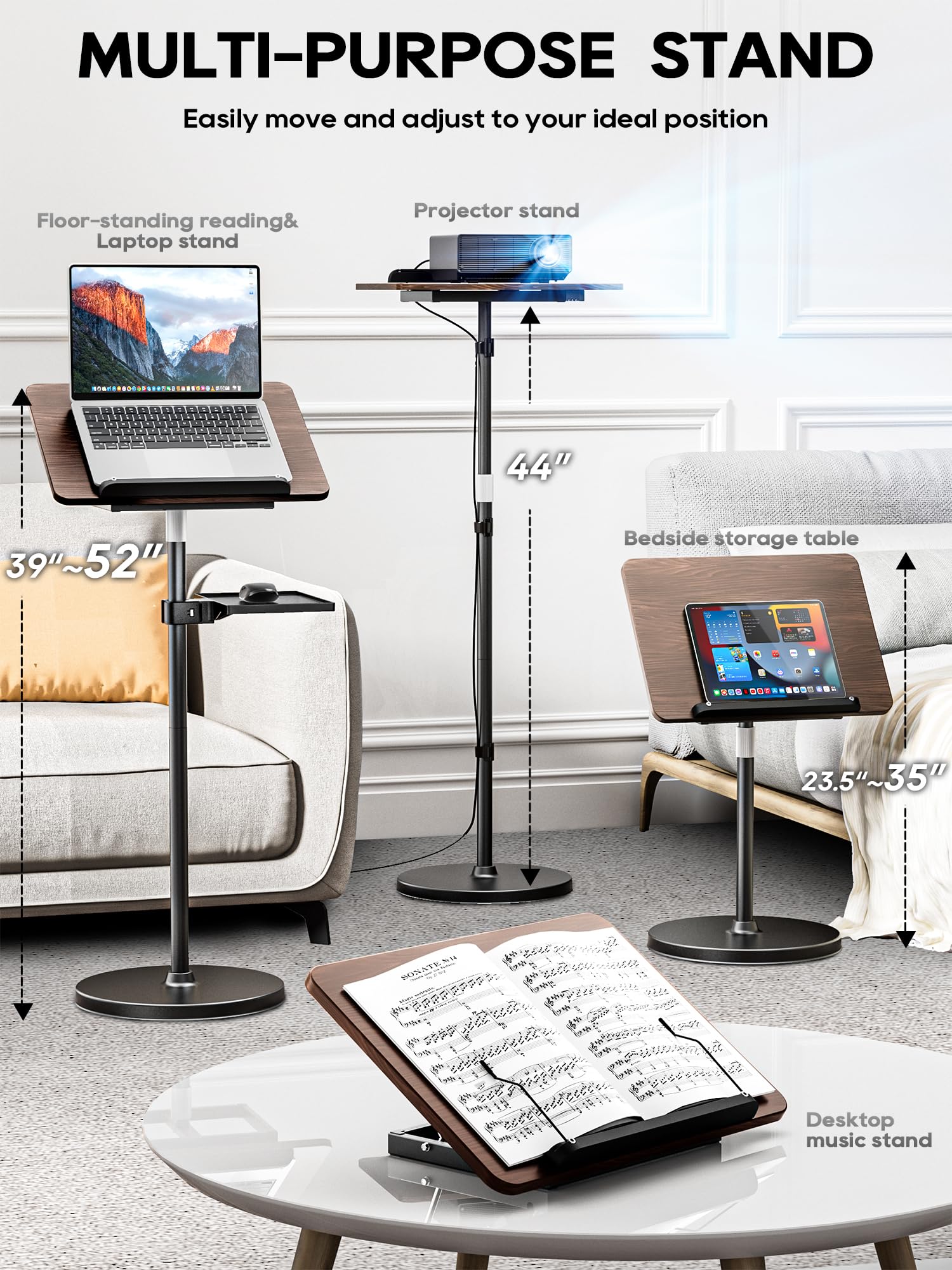 2 in 1 Adjustable Book Stand - Dual-Use Floor & Desktop Book Holder for Reading, Cooking & Work, Height Adjustable 23.5-52 inches, Elastic Page Clips for Music Sheets, Recipes, Tablets & Laptops - Black | Perfect for Home Office, Kitchen & Music Practice