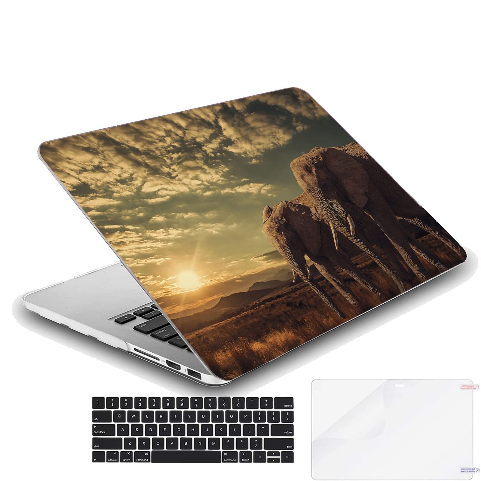 Durable Hard Protective Case & Keyboard Cover for MacBook Air 13.6-inch (A2681, M2 Chip, 2022 Model) - Elephants Sunset Nature Design | Perfect for Travel, Work & Study Protection