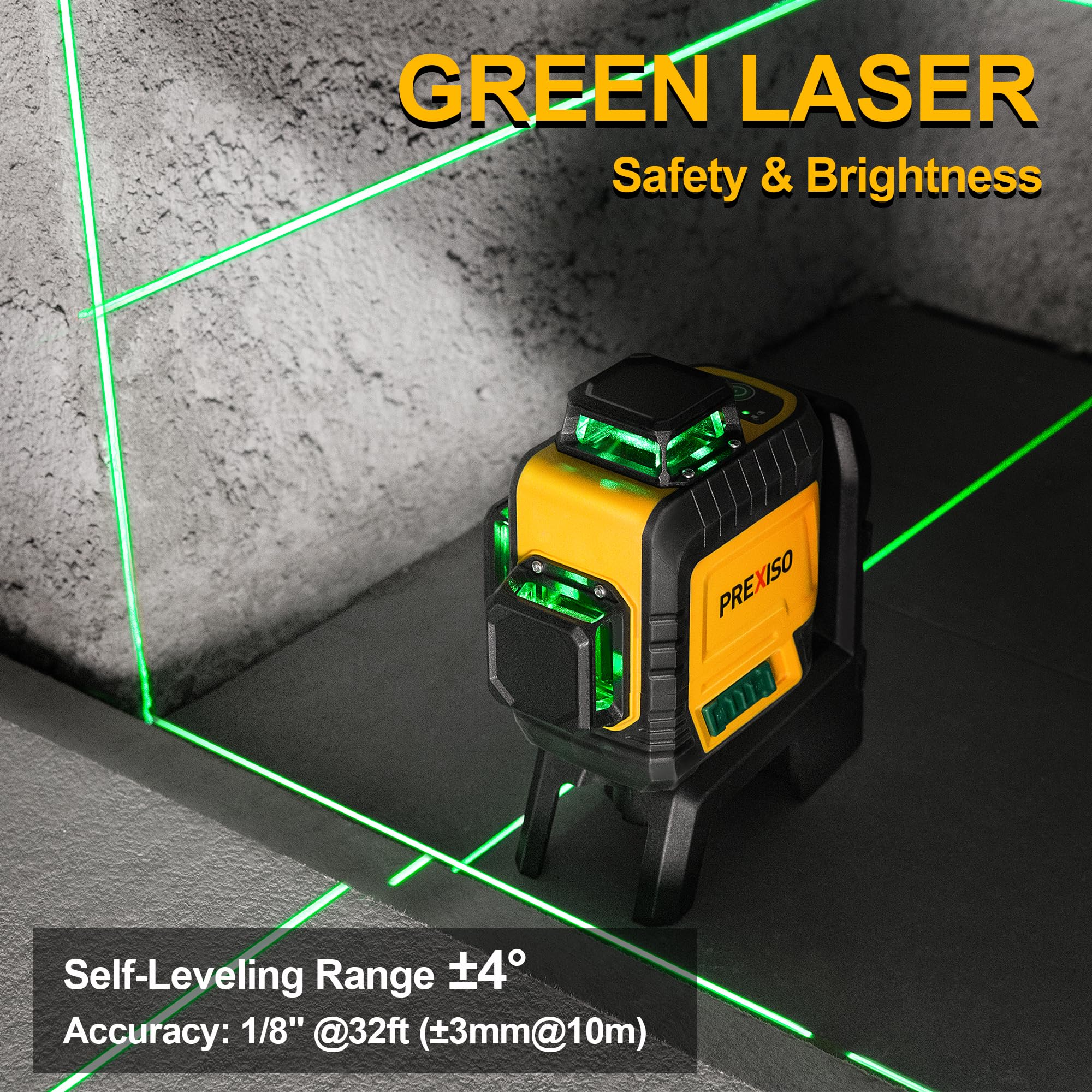 PREXISO 3 X 360° Green Beam Laser Level with Tripod - Self-Leveling Rechargeable Cross Line Laser Leveler (82Ft Range) for Construction, Tile Work, Home Renovation - Includes Magnetic Base, Iron Plate & Carrying Bag - Perfect for Wall Alignment, Floor Tiling & DIY Projects