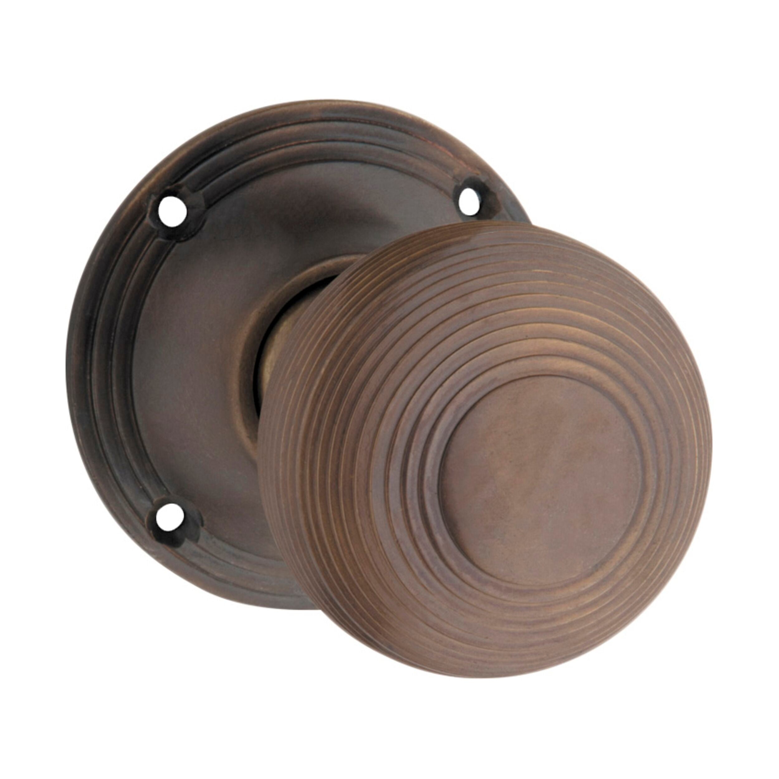 Antique Brass Reeded Door Knob Set - 0860 Mortice Pair (D51xP81mm BP60mm) - Vintage Style for Bedroom, Bathroom & Interior Doors