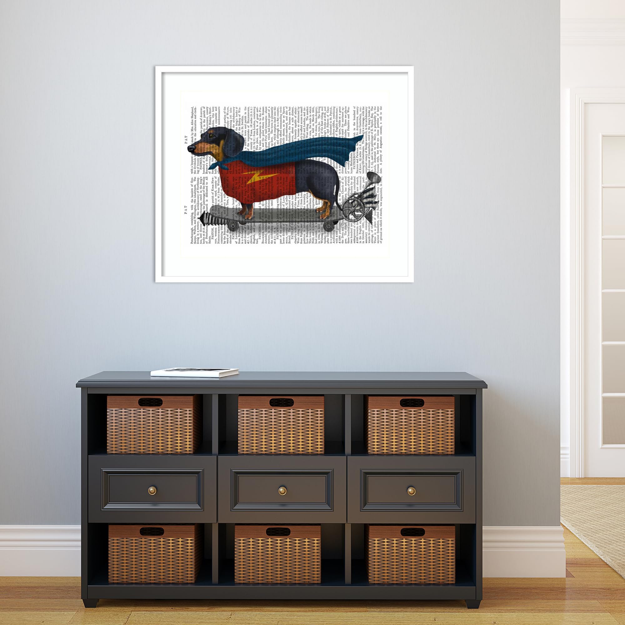 Amanti Art Framed Wall Art Print 28x33 - Dachshund on Skateboard by Fab Funky, Whimsical Animal Wall Decor, Large Canvas Painting for Living Room, Bedroom, Office | Perfect for Pet Lovers & Modern Home Decor