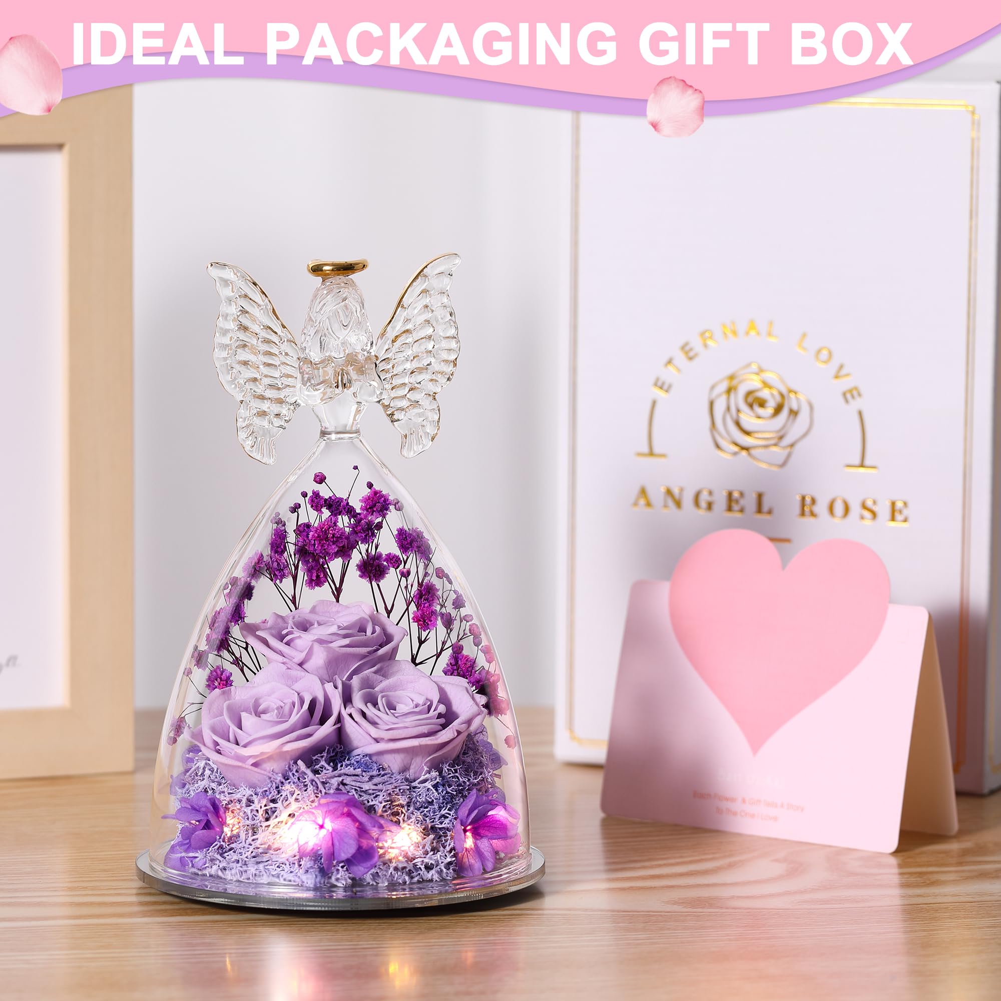 Glass Angel Figurine with 3 Preserved Real Roses - Eternal Rose Gift for Women, Mothers Day Present, Light Purple Guardian Angel Home Decor - Perfect for Birthday, Anniversary & Valentine's Day Gifts