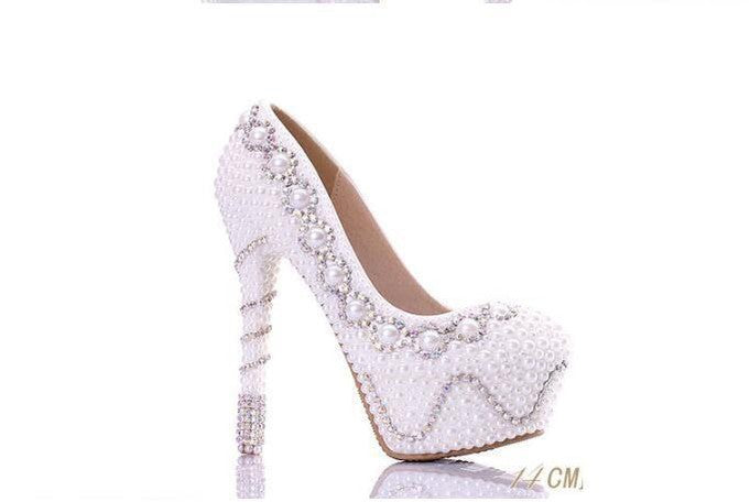 Elegant Handmade Pearl & Crystal Wedding High Heels - Round Toe Bridal Shoes for Bride, Prom, Evening Party (Style S0039)