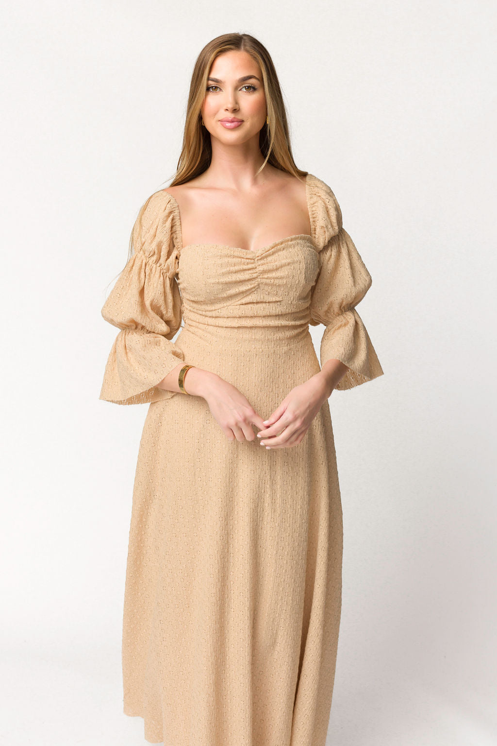 Corrine Tiered Sleeve Maxi Dress with Pockets - Bump Friendly Maternity Dress in Beige | Perfect for Pregnancy, Nursing, and Special Occasions