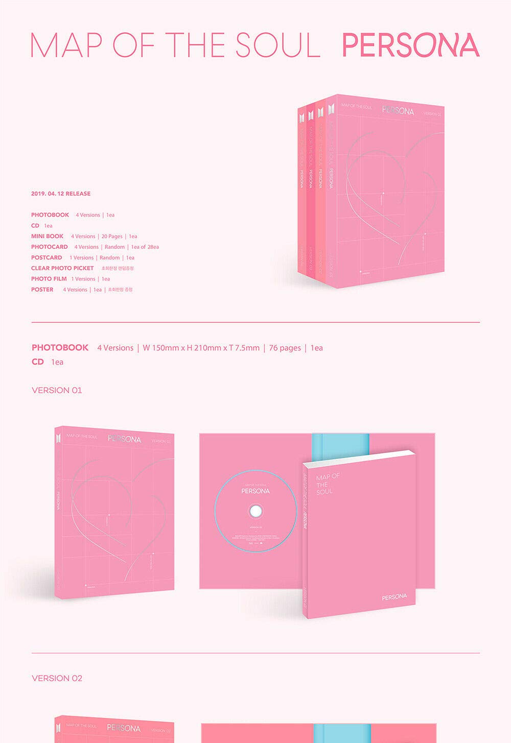 BTS MAP OF THE SOUL: PERSONA Album (Version 01) - CD with Poster, 76-Page Photo Book, 20-Page Mini Book, Collectible Cards & Photo Film - Perfect for K-Pop Fans & BTS Collectors - Great Gift for Birthdays & Special Occasions