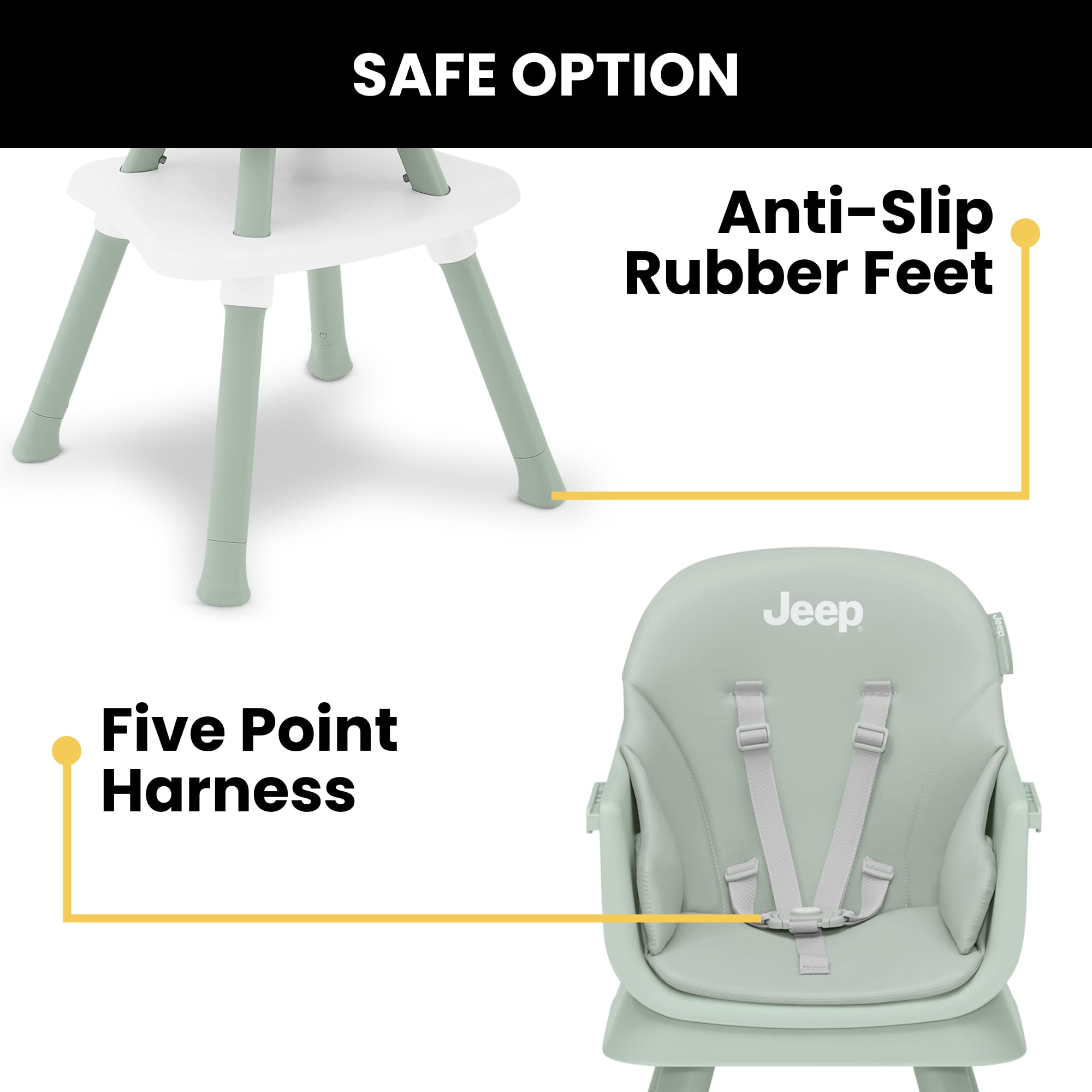 Delta Children Jeep Milestone 6-in-1 Convertible High Chair - Transforms to Stool, Booster Seat, Toddler Chair, Activity Table & Desk Set in Sage Green - Perfect for Dining, Playtime & Learning Activities