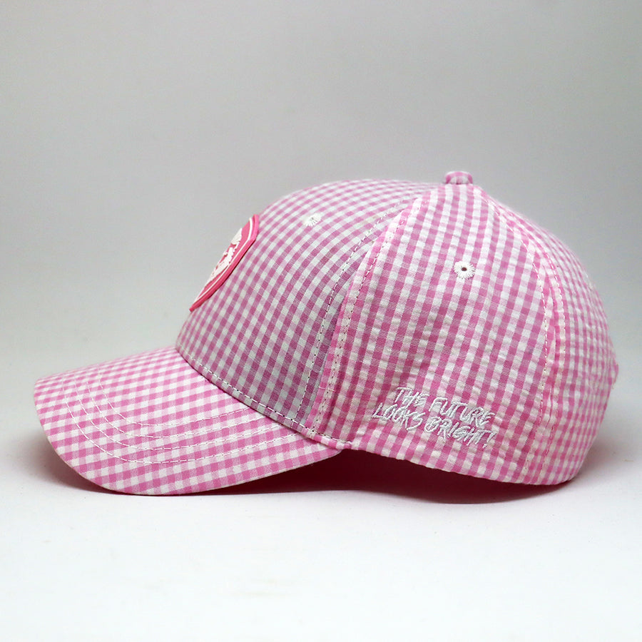 VT Shield Future Looks Bright Pink Gingham Check Snapback Hat - Stylish Baseball Cap for Women & Men - Perfect for Summer Outfits, Beach Vacations & Outdoor Activities