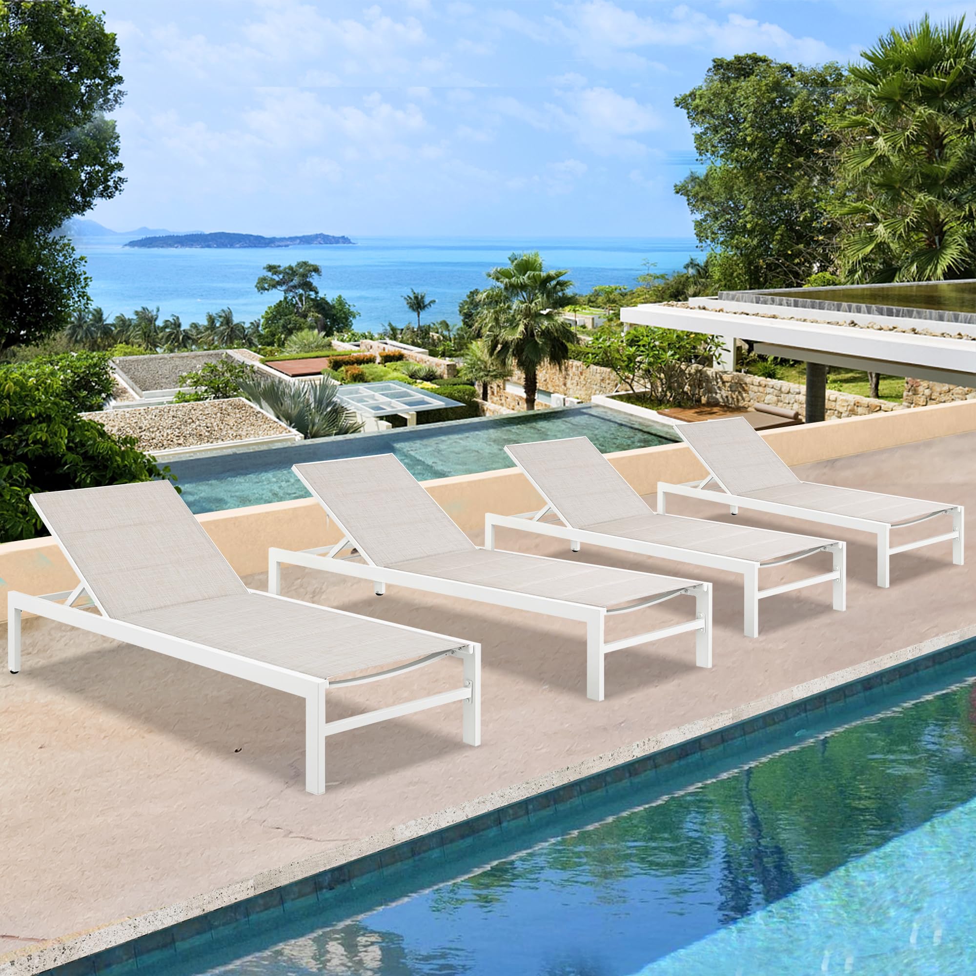 Ulax Outdoor Chaise Lounge Set of 4 - Adjustable Padded Patio Reclining Chair with Non-Rust Aluminum Frame & Wheels (Beige) - Perfect for Poolside, Backyard, Beach & Garden Relaxation