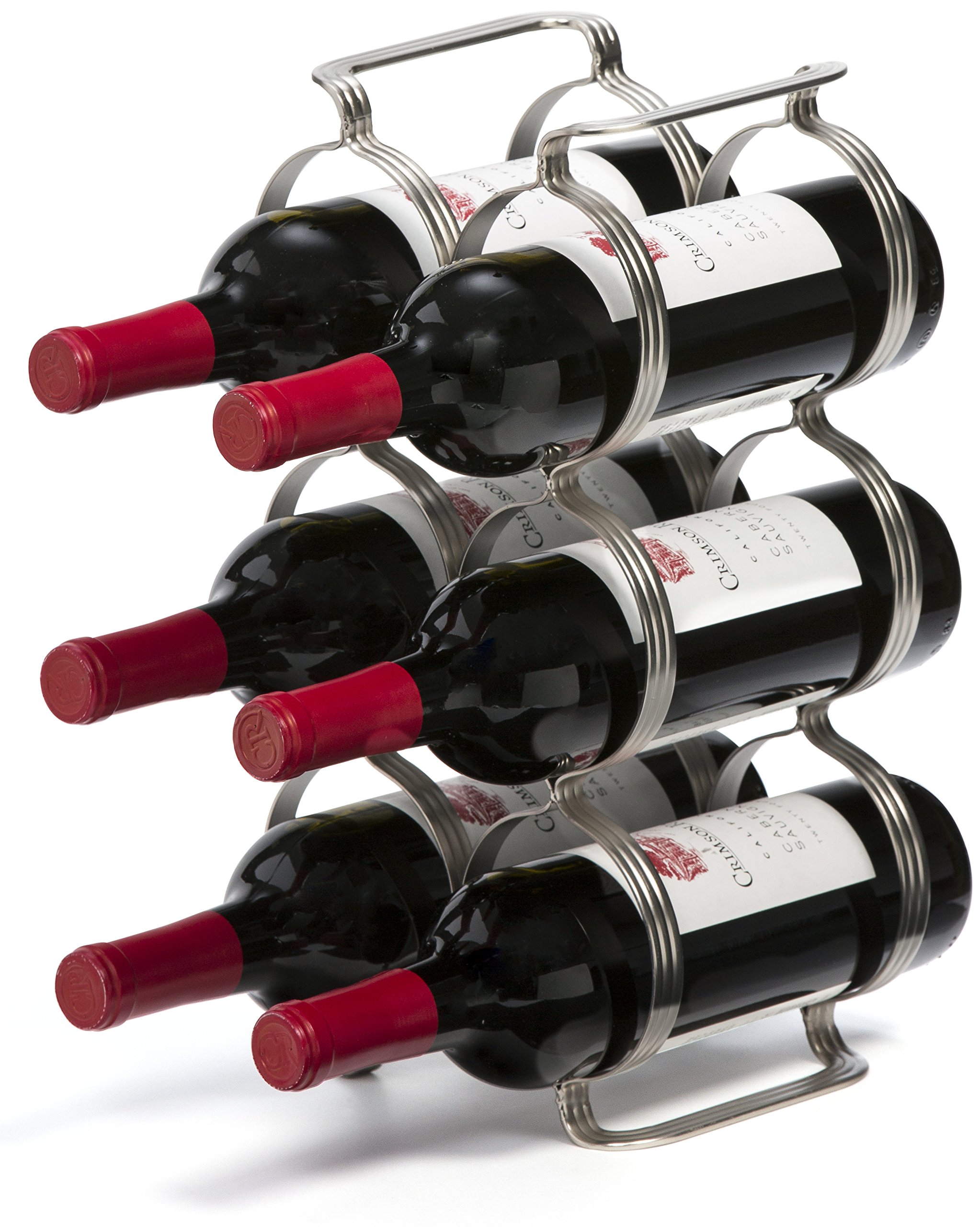 Premium 6-Bottle Mango Wood Countertop Wine Rack - Elegant Silver Wine Storage Organizer for Kitchen, Pantry & Refrigerator - Perfect for Home Entertaining & Small Space Organization