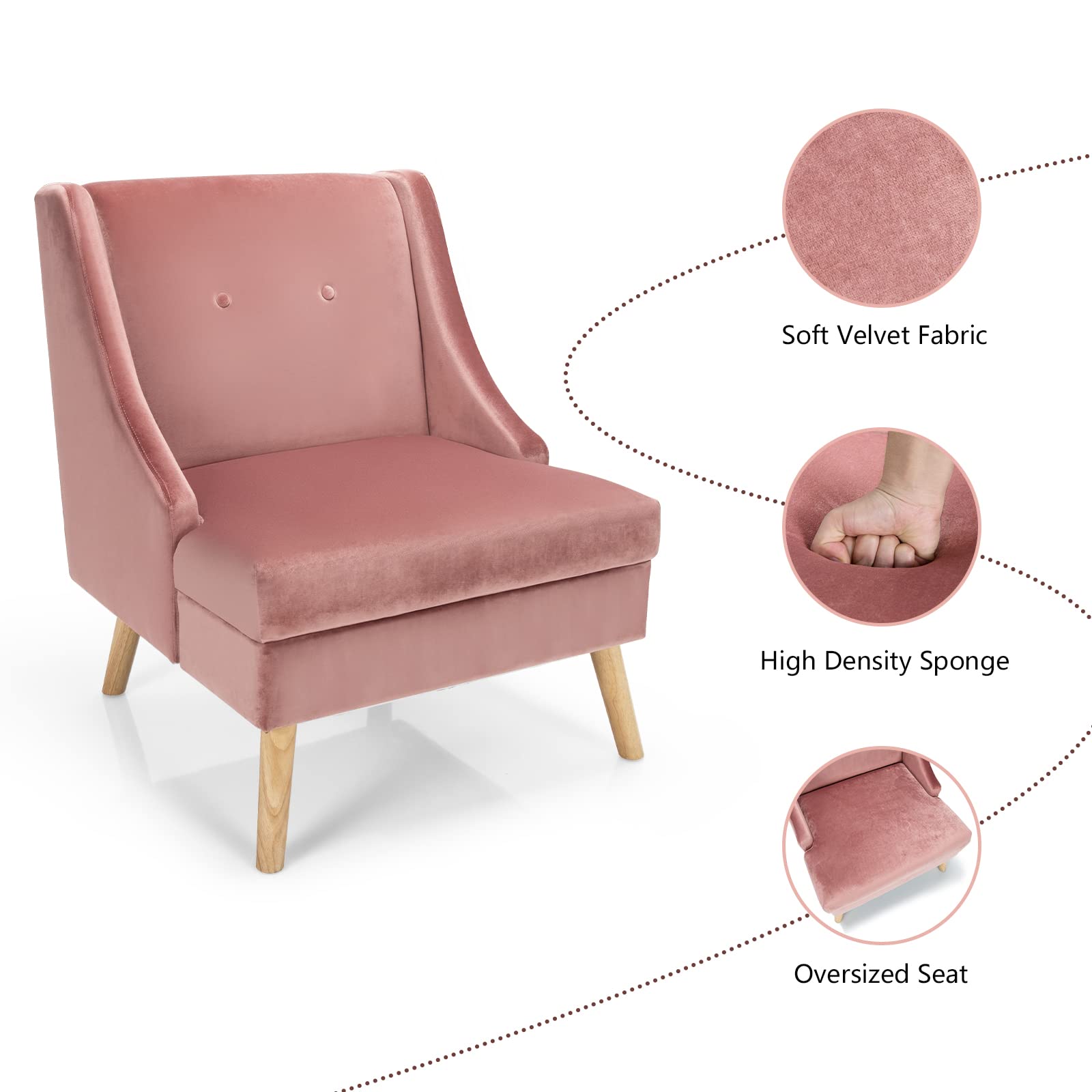 Velvet Accent Chairs Set of 2 - Upholstered Armchairs with Rubber Wood Legs, Button Tufted Club Chairs for Living Room, Bedroom, Reading Nook - Soft Pink Velvet Sofa Chairs for Home Decor & Relaxation