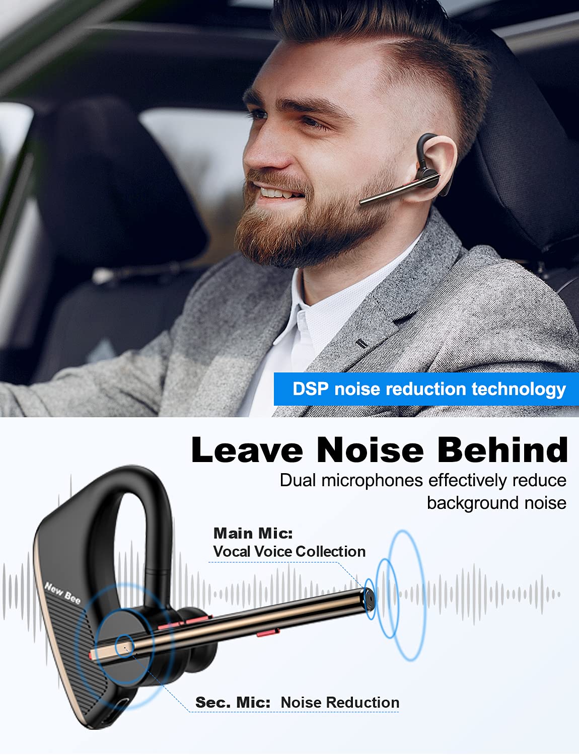 Wireless Bluetooth Earpiece V5.2 - Single Ear Lightweight Headset with 24H Talk Time, Noise Cancelling Mic for iPhone Android Laptop - Perfect for Driving, Office Calls & Online Meetings