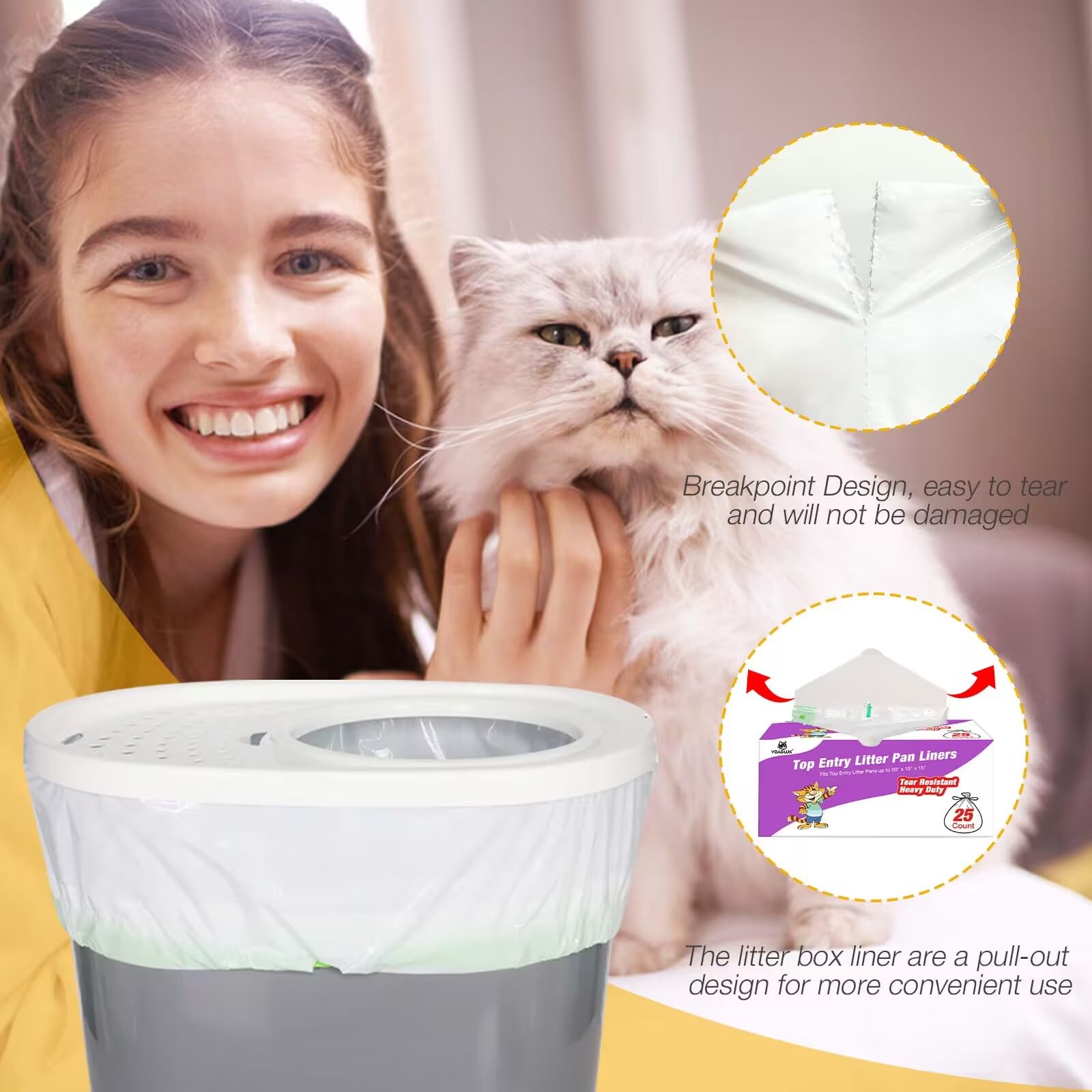 Heavy Duty Cat Litter Box Liners - 25 Count Tear Resistant Drawstring Bags for Top Entry Litter Pans | Perfect for Odor Control & Easy Cleanup in Multi-Cat Homes