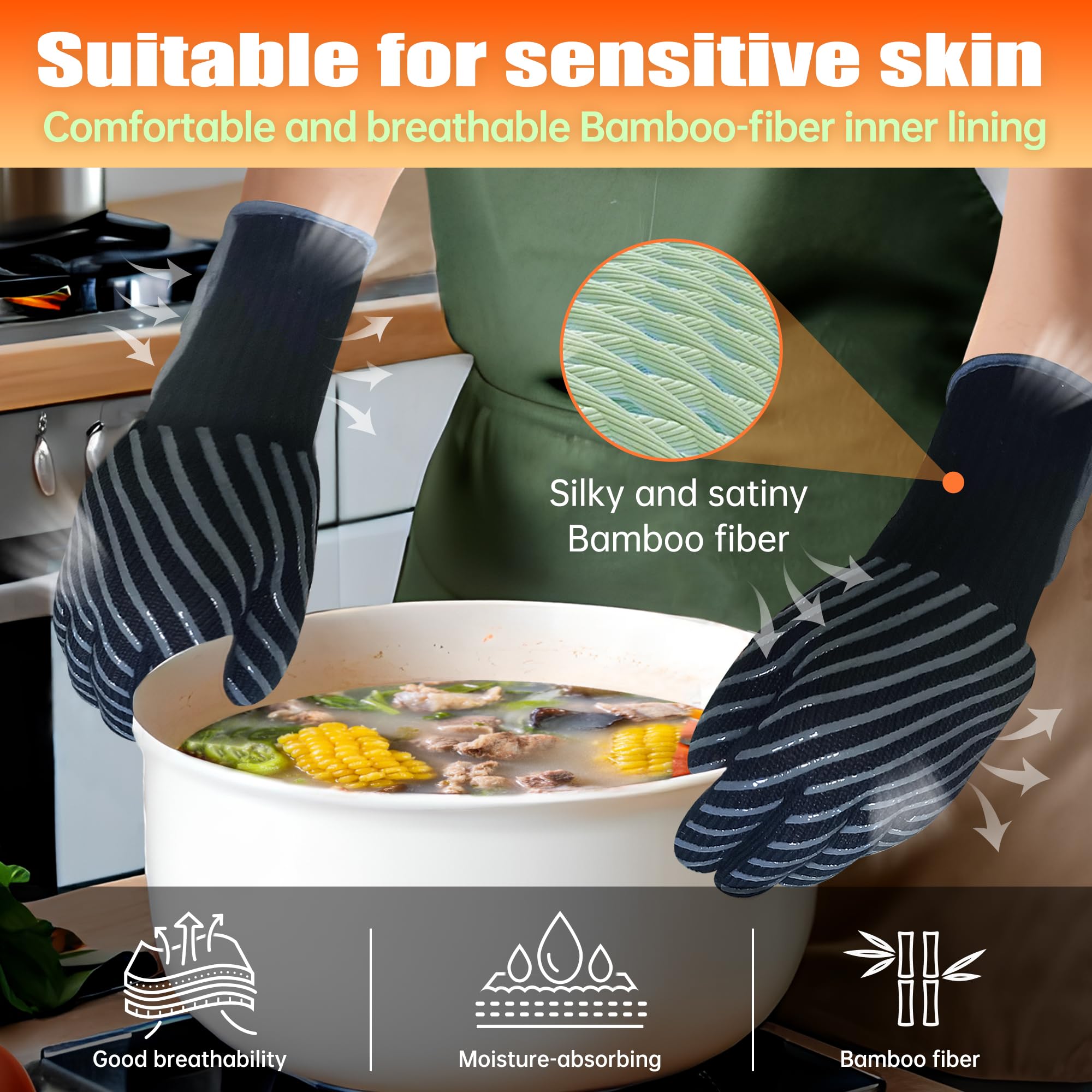 Heat Resistant BBQ Gloves 1472°F - Professional Grilling & Oven Gloves for Cooking, Baking & Outdoor BBQ - Silicone Grip with Aramid Bamboo Lining - Easy Removal Cuff (Black, Size S) - Perfect for Grilling, Baking, Camping & Kitchen Safety