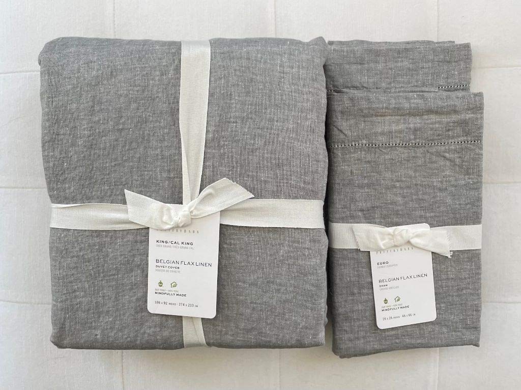 Pottery Barn Belgian Linen Flax Duvet Cover Set - King/California King Size with 2 Euro Shams in Flagstone Color | Luxury Bedding for Master Bedroom & Guest Room