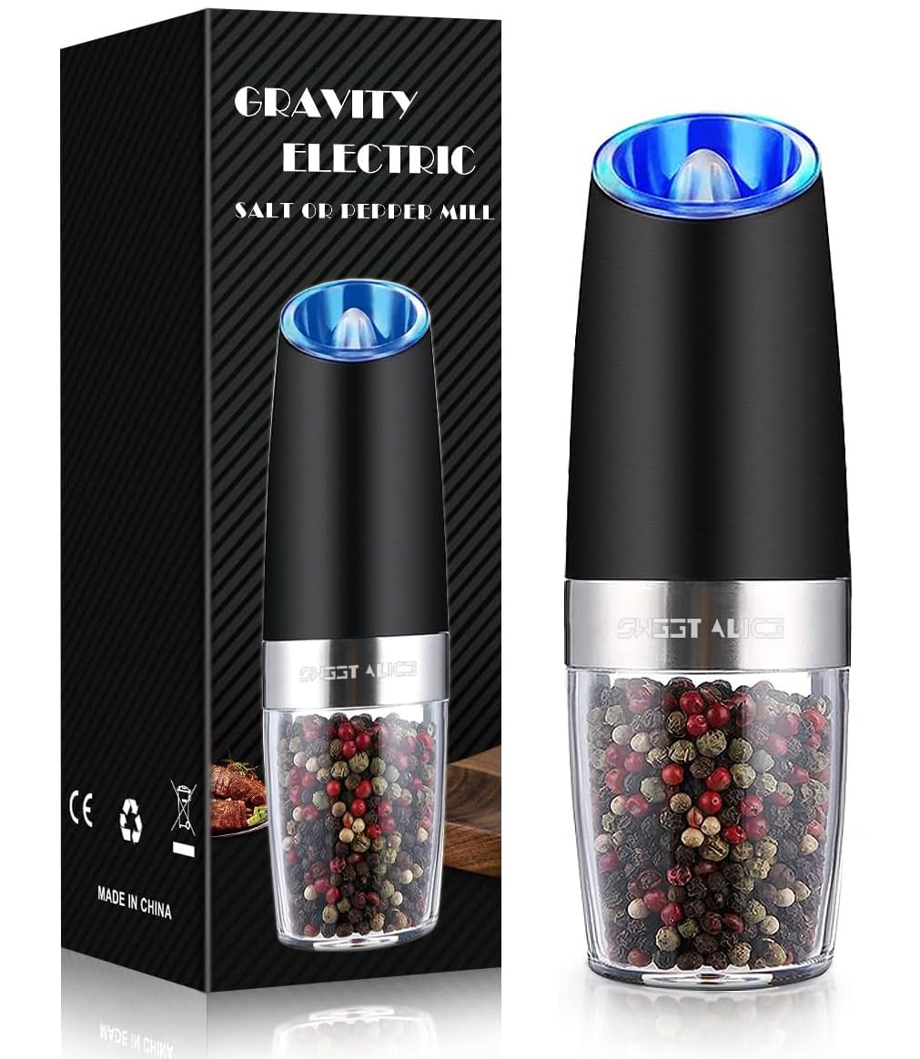 Sweet Alice Gravity Electric Pepper and Salt Grinder Set - Adjustable Coarseness, Battery Powered with LED Light, One-Hand Automatic Operation, Stainless Steel Mill (Black) - Perfect for Kitchen, Dining Table, and Outdoor Cooking
