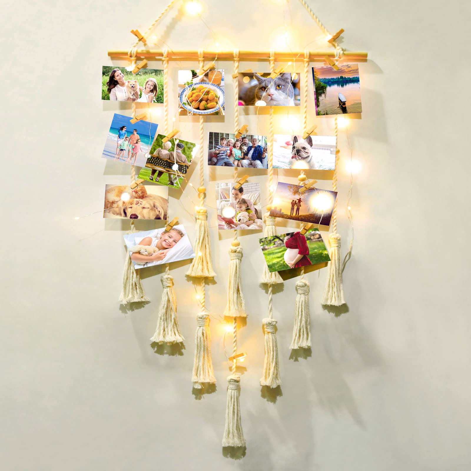 Kyoryuger Macrame Wall Hanging Photo Clip Holder - Boho Chic Bedroom Decor, Perfect Gift for Teen Girls, Mom, Grandma, Nana, Friends & Women, Ideal for Birthdays, Memorials & Home Styling