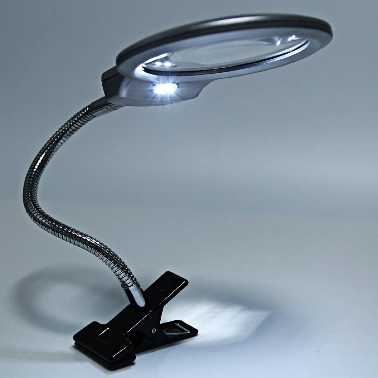 Pro-Flex Hands-Free LED Magnifying Glass Lamp with 2.25X & 5X Lens - Adjustable Gooseneck Desk Clamp Light for Reading, Crafts, Jewelry Making & Close Work - Silver Desktop Magnifier Lamp for Seniors & Hobbyists