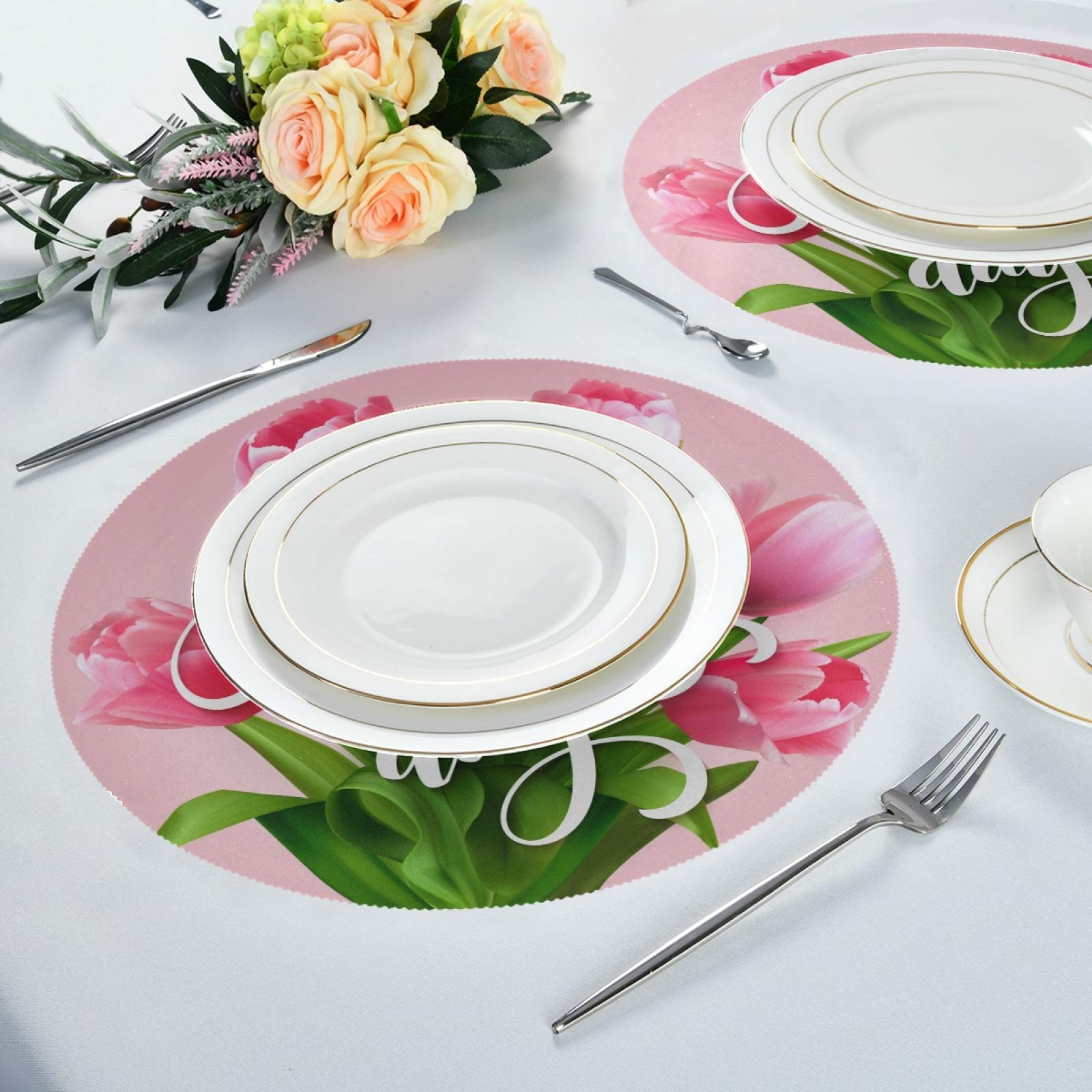 Mother's Day Blooming Tulip Flowers Round Placemats Set of 6 - Washable & Heat Insulation Non-Slip Kitchen Dining Table Mats for Home Decor, Party, Holiday Dinner