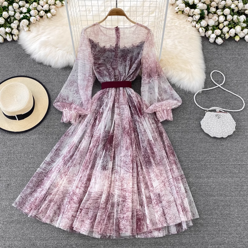 Fairy Ink Retro Round Neck Mesh Elegant Floral Summer Dress for Women - Perfect for Parties, Weddings & Date Nights
