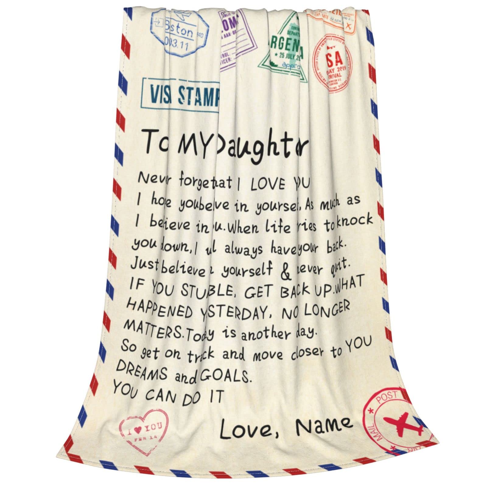 Personalized Custom Name Blanket - Love Letter to My Daughter from Dad & Mom - Air Mail Design - 50x60 Inches Soft Fleece Throw - Perfect for Gifts, Nursery Decor, and Cozy Family Moments
