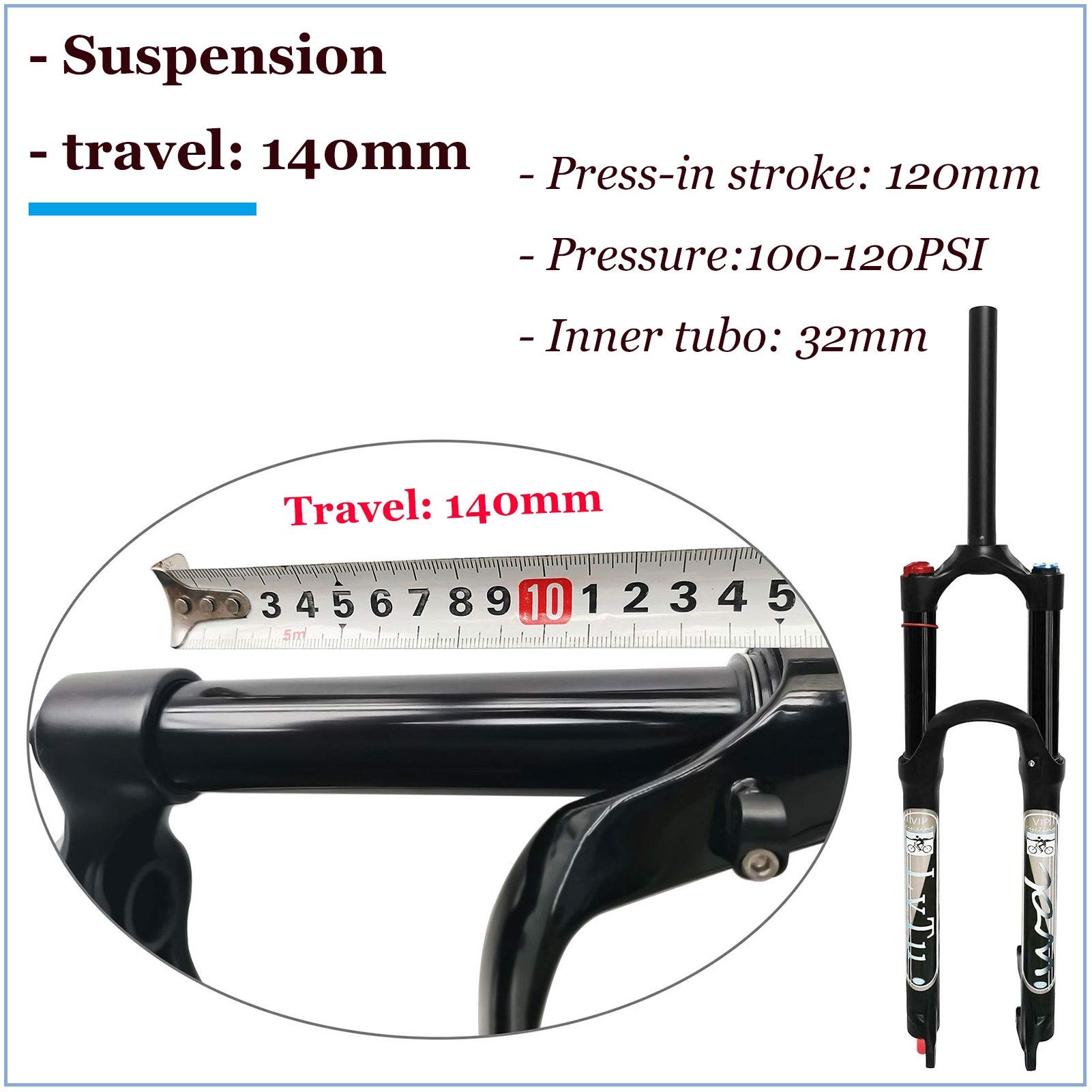 **Mountain Bike Air Suspension Front Fork - 26/27.5/29 Inch, 140mm Travel, Rebound Adjust, QR 9mm, Black (Straight Manual Lock Out) - Perfect for Trail Riding, Downhill & Cross-Country Biking**