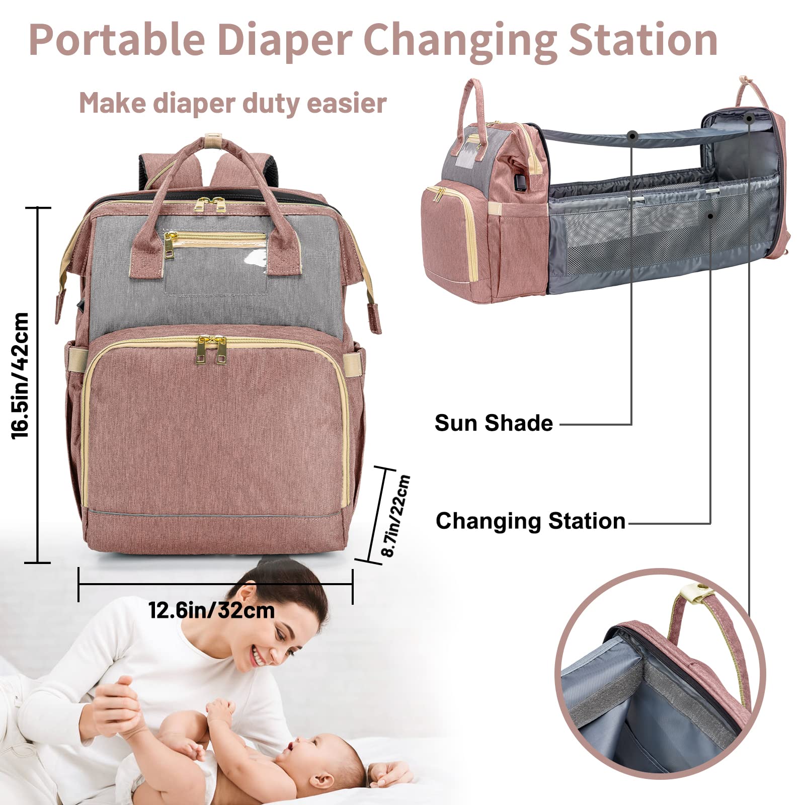 Waterproof Diaper Backpack for Baby Boys & Girls - Large Travel Diaper Bag with USB Charging Port - Multifunctional Parent Backpack for Moms & Dads (Pink Grey) - Perfect for Daycare, Travel & Outdoor Activities
