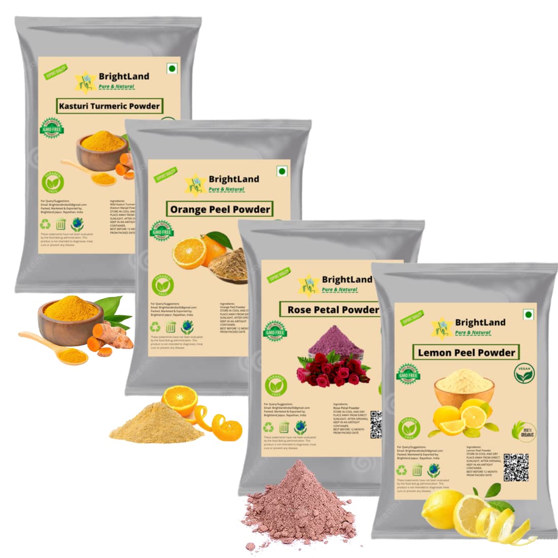 **Organic Brightland Kasturi Turmeric Powder with Orange Peel, Rose & Lemon Peel – 200g (50g x 4) – Natural Skincare, Cooking & Herbal Tea Ingredient**