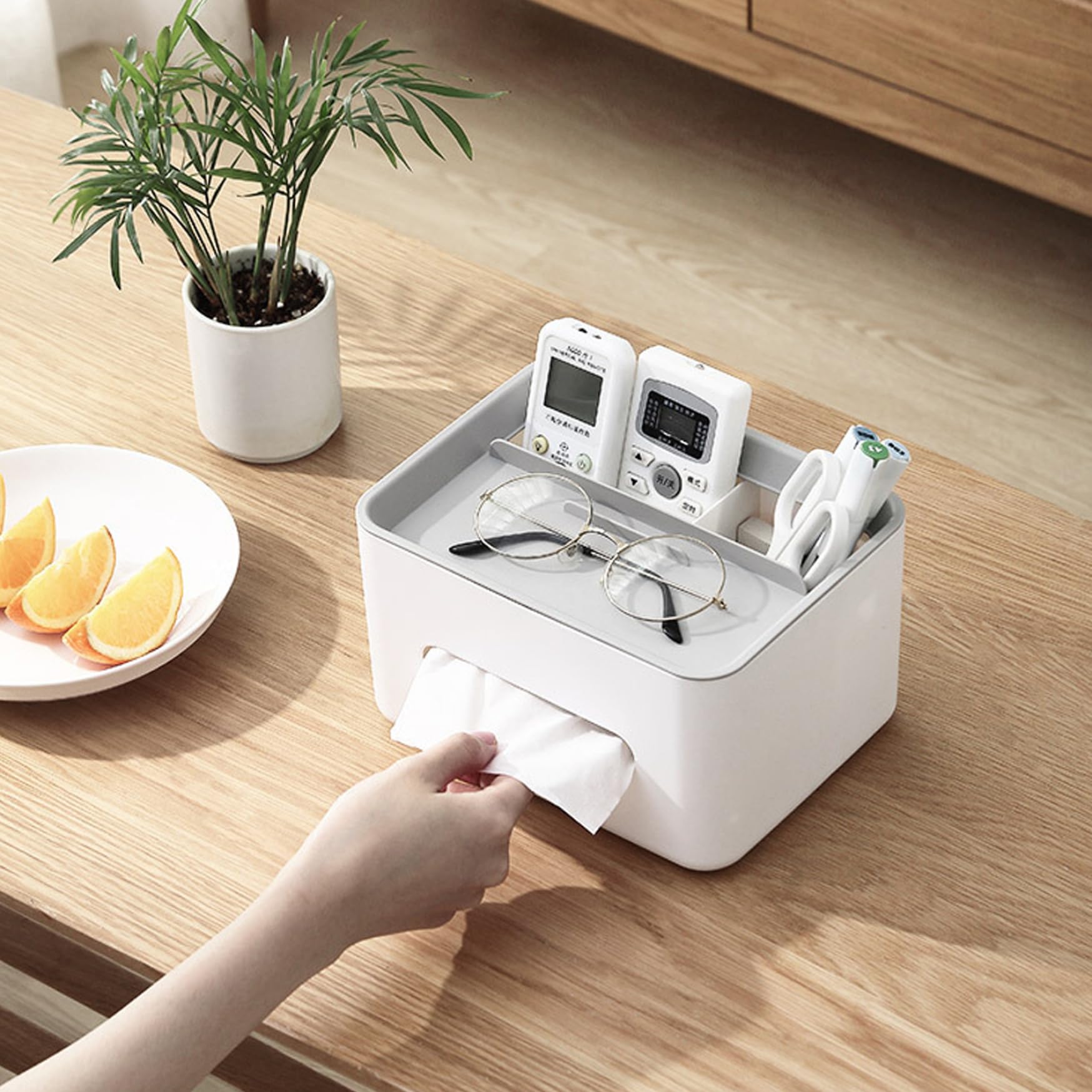 8.3x6.3x4.9 Inch Minimalist Tissue Box Holder with Remote Control & Key Organizer - Stylish Rectangle Desk Organizer for Home, Office & Living Room