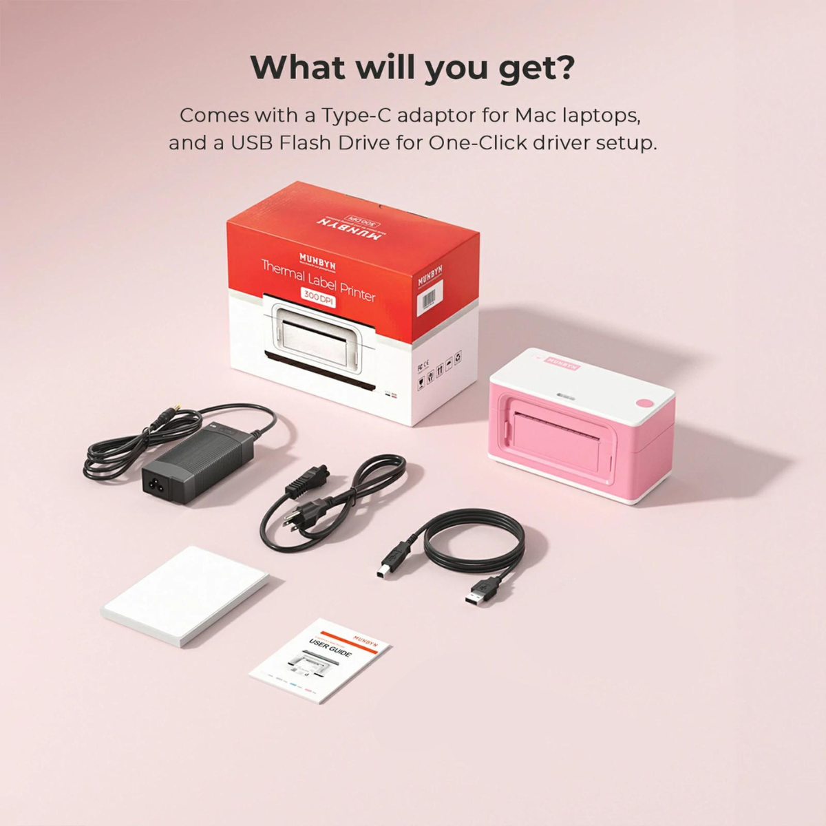 MUNBYN RealWriter 941 Bluetooth Thermal Label Printer - 300DPI High Resolution, Wireless Printing for Ecommerce, Shipping Labels (Pink) | Perfect for Amazon FBA, Shopify & Small Business Packaging