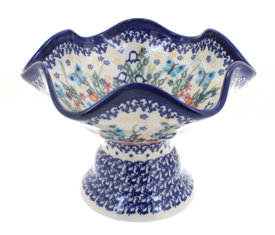 Handmade Blue Rose Polish Pottery Pedestal Candy Dish - Garden of Eden Collection | Elegant Serving Bowl for Candy, Nuts, Treats | Perfect for Home Decor, Wedding Centerpieces & Gift Giving