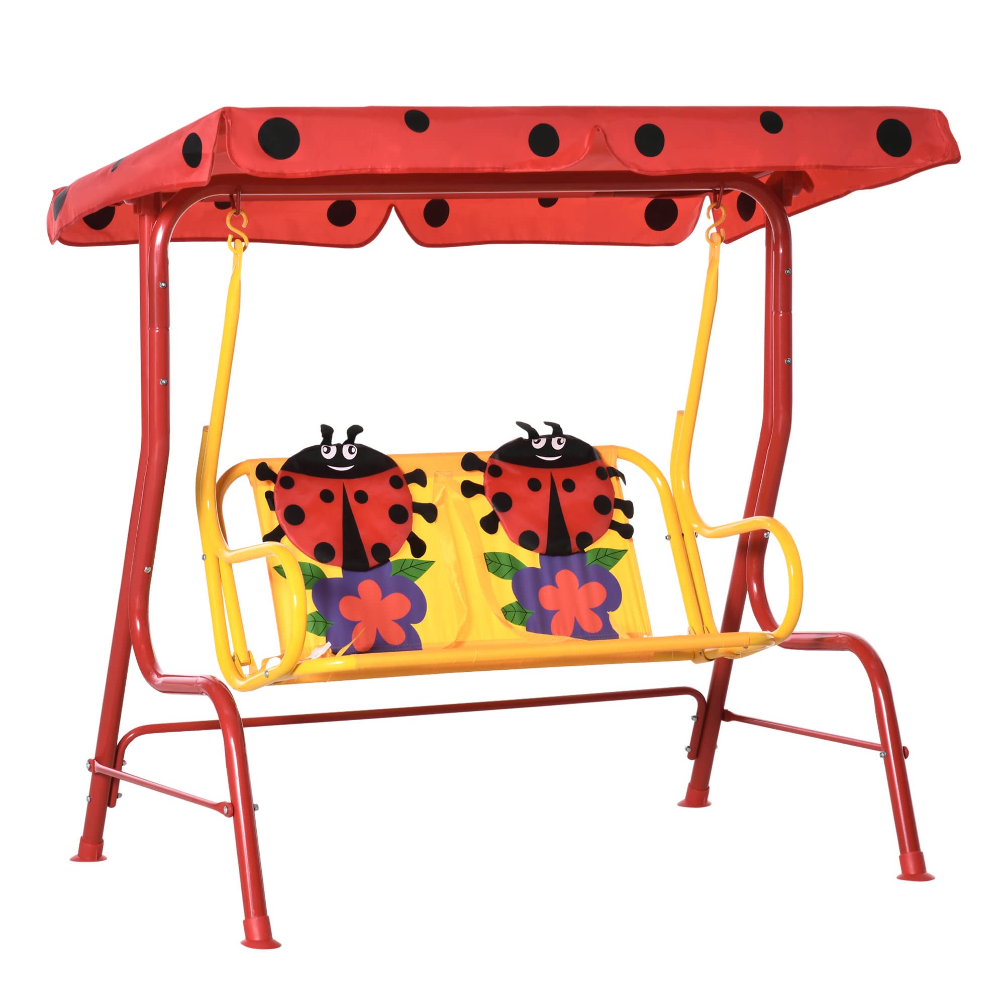 Outsunny Kids Porch Swing with Adjustable Sun Canopy & Safety Seatbelts - Ladybug-Themed Outdoor Swing Chair for Ages 3-6 (Red) | Perfect for Backyard, Patio & Garden Playtime