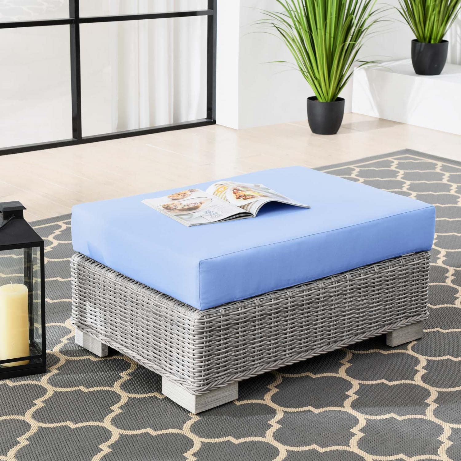 Modway Conway Outdoor Patio Wicker Rattan Ottoman - Light Gray & Blue Accent - Perfect for Poolside, Garden & Patio Relaxation