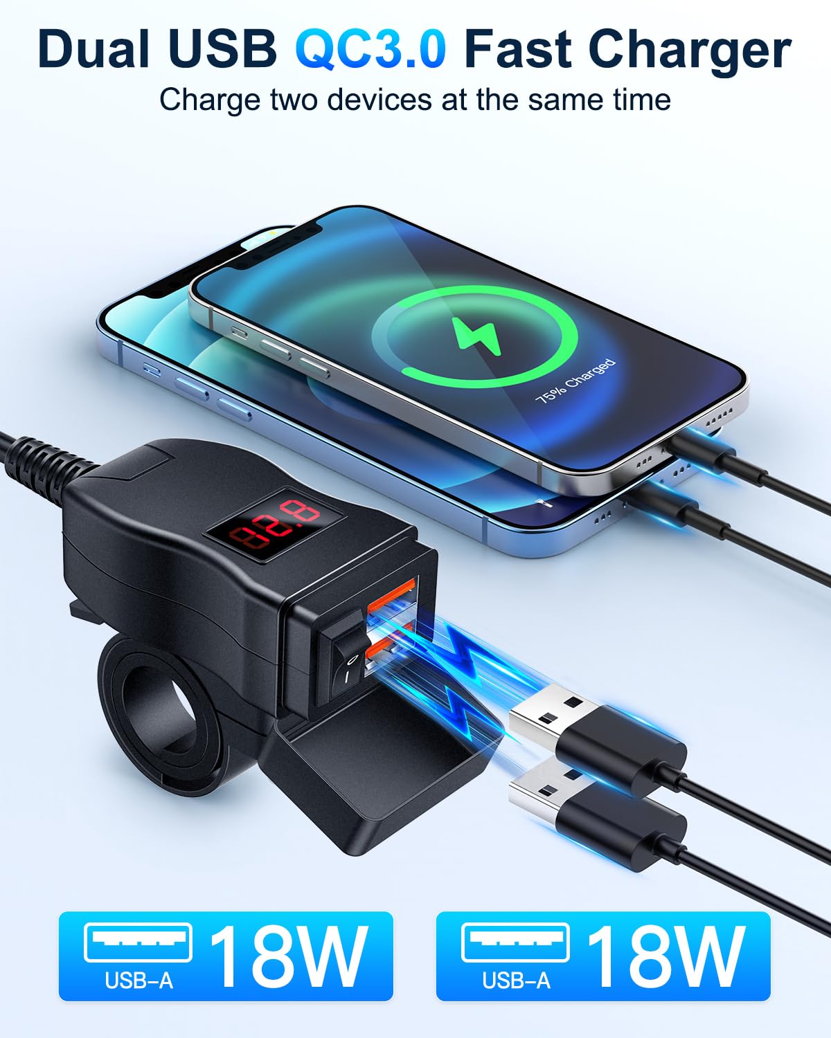 EXTRACTME Motorcycle USB Charger - Dual Port Quick Charge 3.0 with Voltmeter & ON/OFF Switch - Waterproof Phone Charger for Motorcycles - Compatible with iPhone, Android, Tablet & GPS Devices - Perfect for Road Trips, Commuting & Adventure Riding (Red)