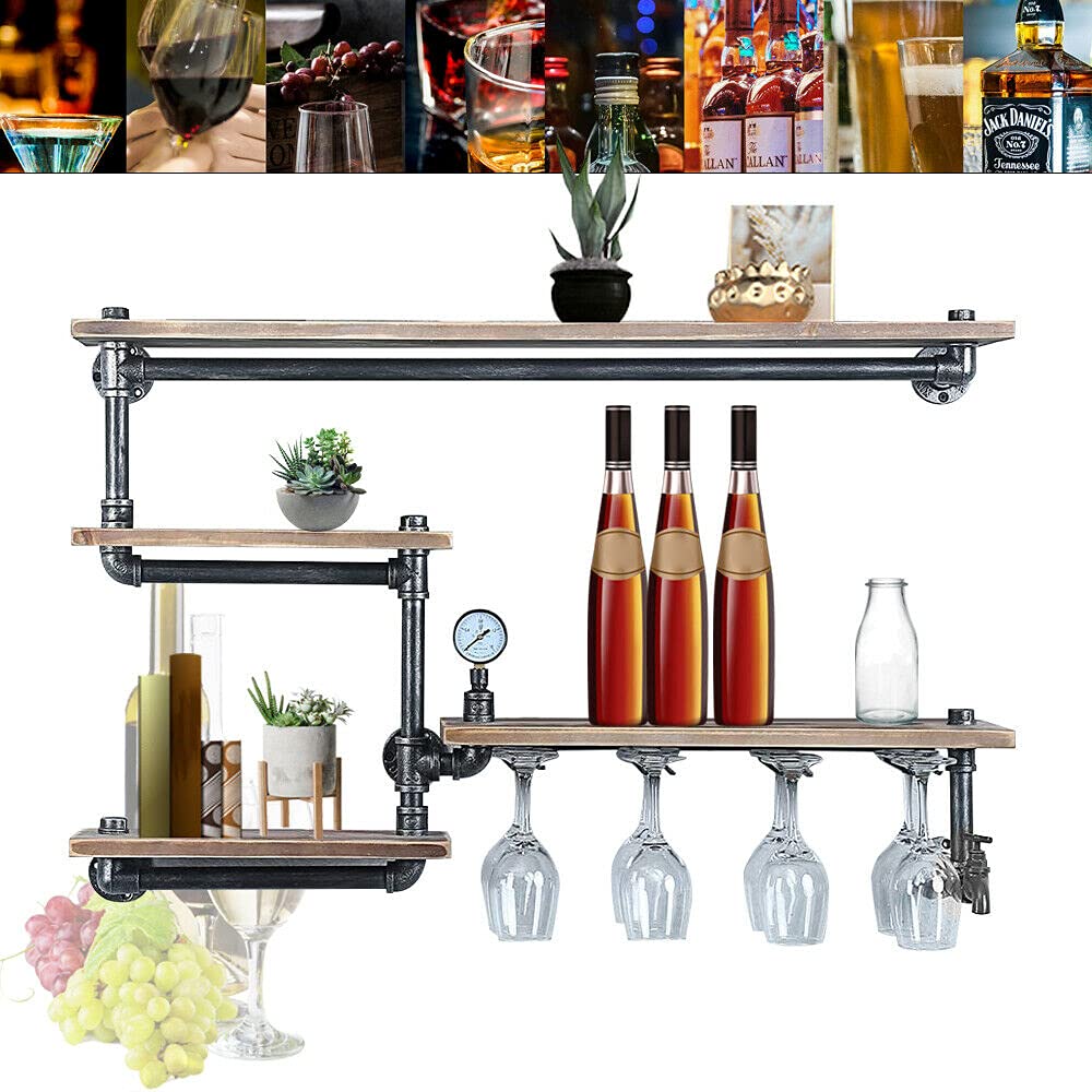 4-Tier Wall Mounted Wine Rack - 39.37in Rustic Industrial Wine Holder with 4 Stem Glass Hangers | Space-Saving Wine Storage Shelf for Home Bar, Kitchen, Dining Room & Entertainment Areas