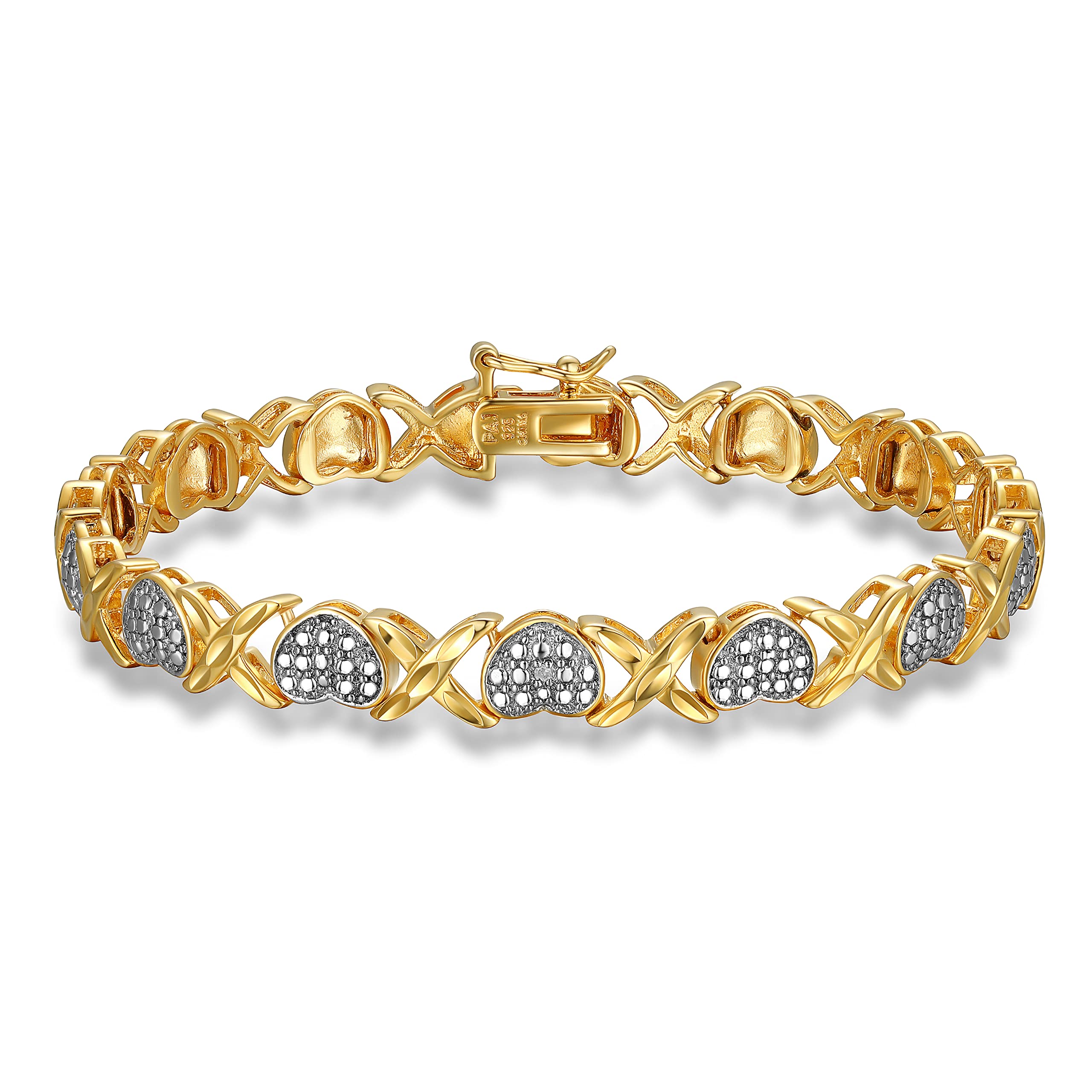 Morgan & Paige .925 Sterling Silver 18K Gold Plated Two-Tone Diamond Accent XO Heart Tennis Bracelet for Women - Elegant Hypoallergenic Jewelry for Valentine's Day, Anniversary or Romantic Gift