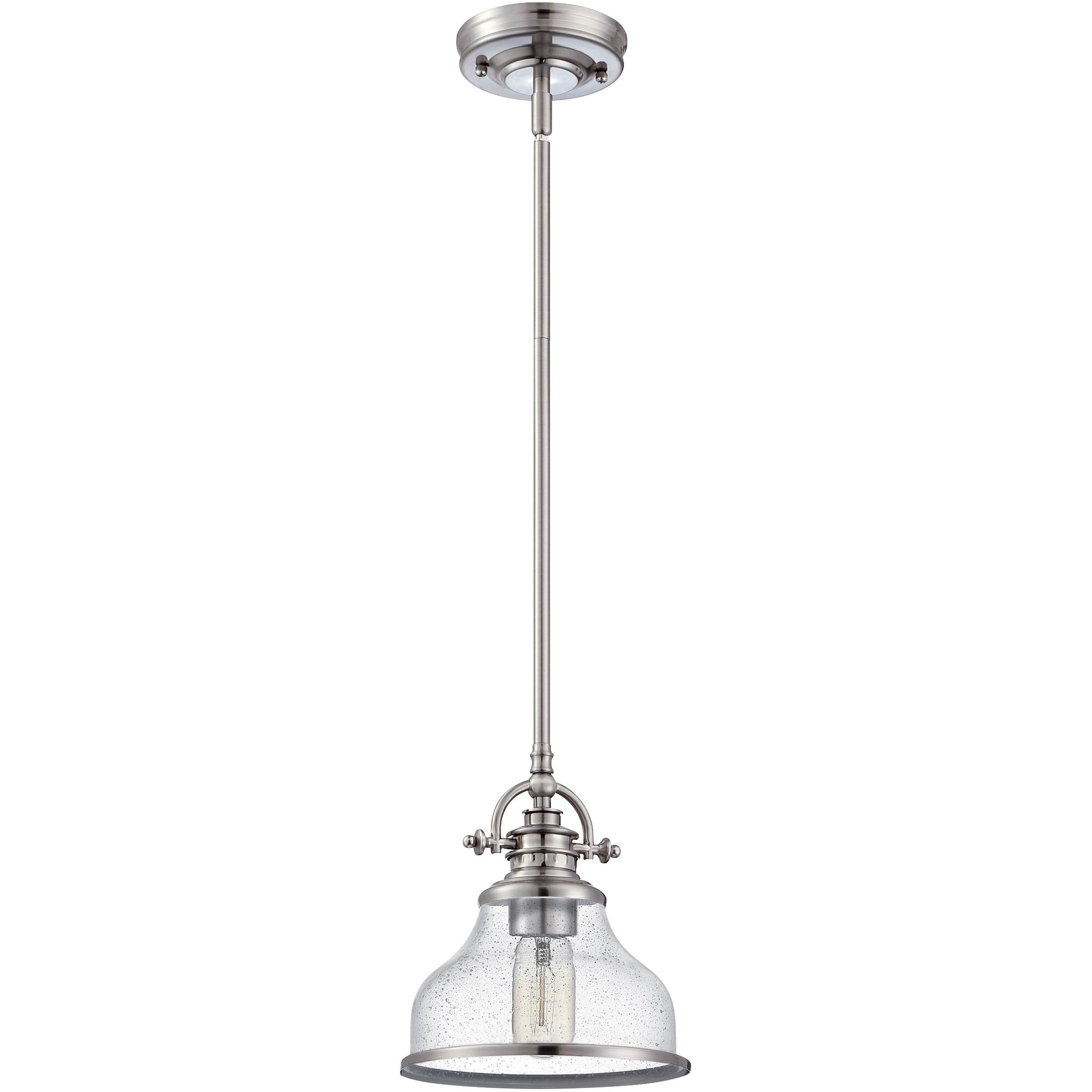 Quoizel Grant Mini Pendant Light Fixture - 8 Inch Brushed Nickel with Clear Seeded Glass Shade - Single Bulb Hanging Ceiling Light for Kitchen Island, Dining Room, Bedroom, Hallway, Bar, Cafe & Office - Perfect for Modern & Industrial Home Decor