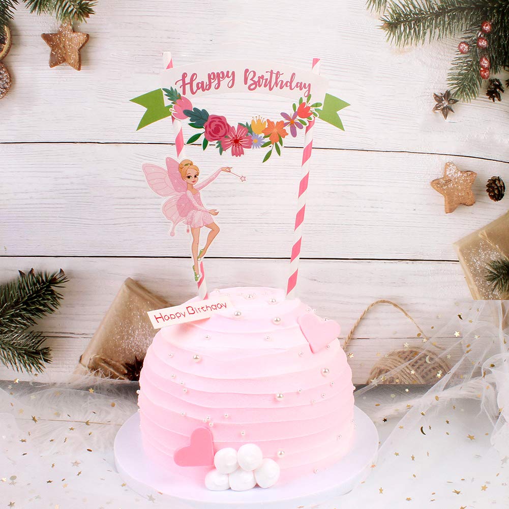 Flower Fairy Happy Birthday Cake Topper - 12pcs Party Decoration Set for Wedding, Baby Shower & Anniversary Cakes - Edible Safe Cake Picks for Friends & Family Celebrations