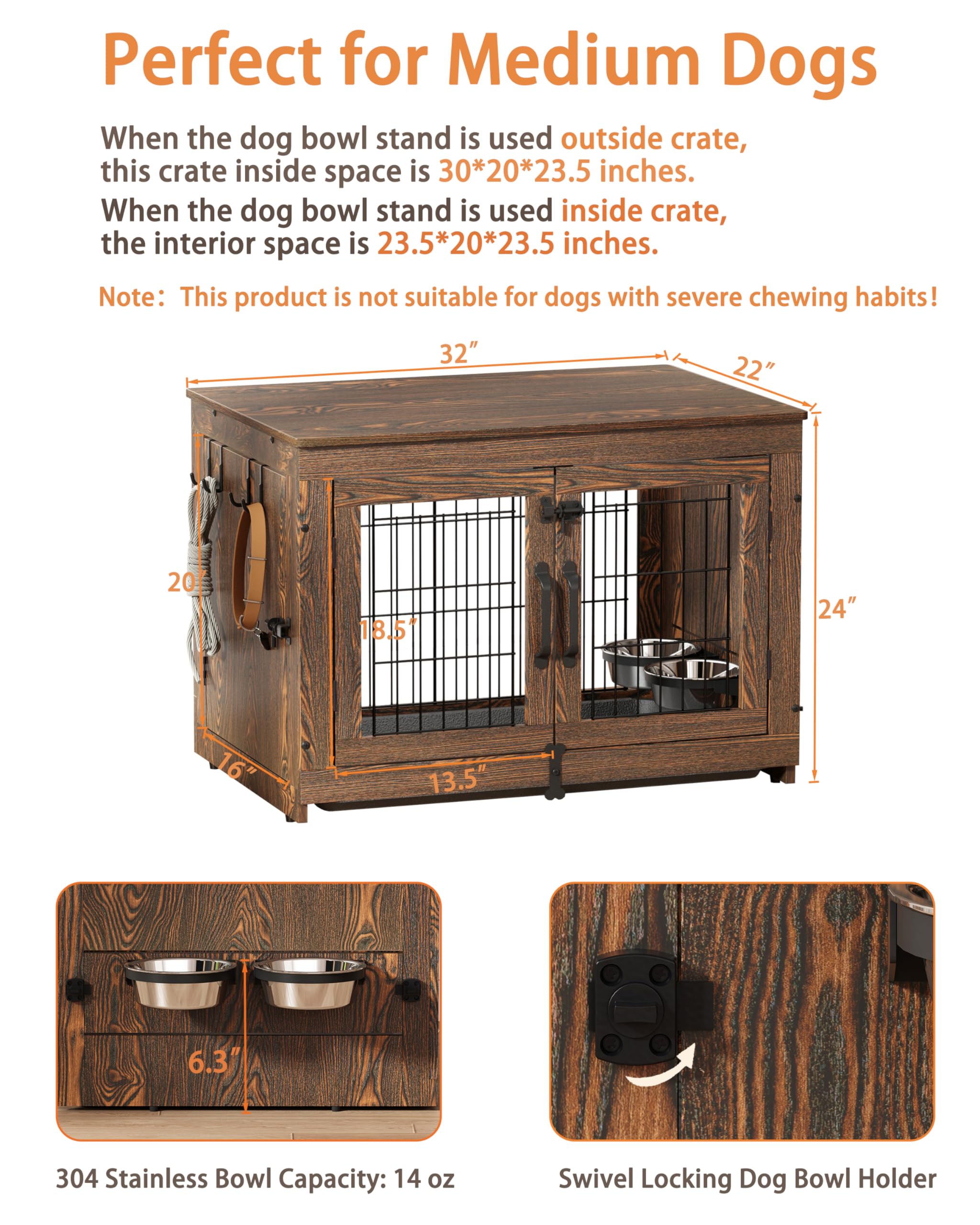 Piskyet Rustic Style Wooden Dog Crate Furniture - 360° Rotatable Removable Dog Bowls, Double Door Dog Kennel with Tray - End Table for Small to Medium Dogs (31.8