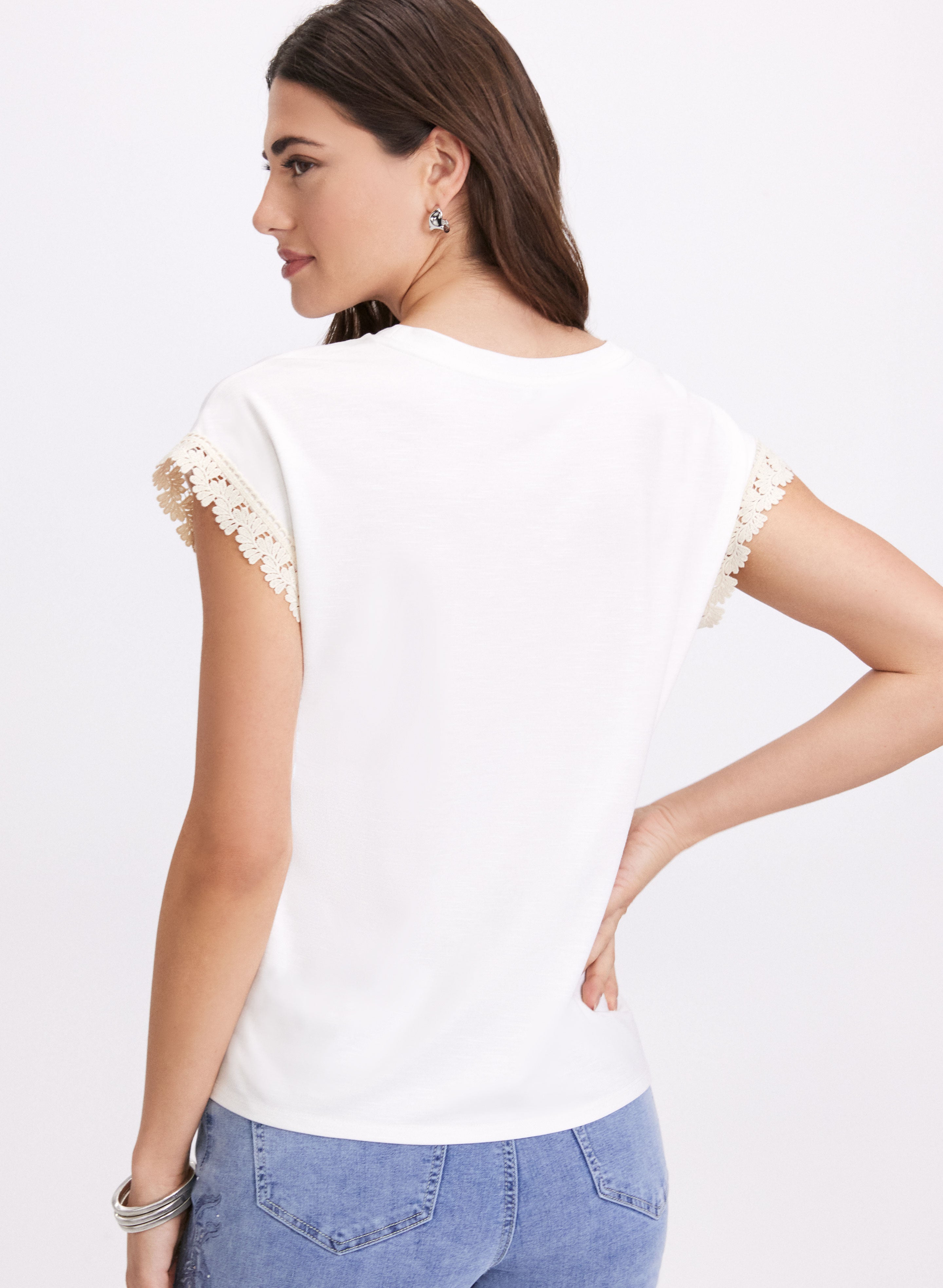 Crochet Trim T-Shirt for Women - Soft Cotton Casual Tee with Lace Detail | Perfect for Summer Outfits, Layering & Everyday Wear