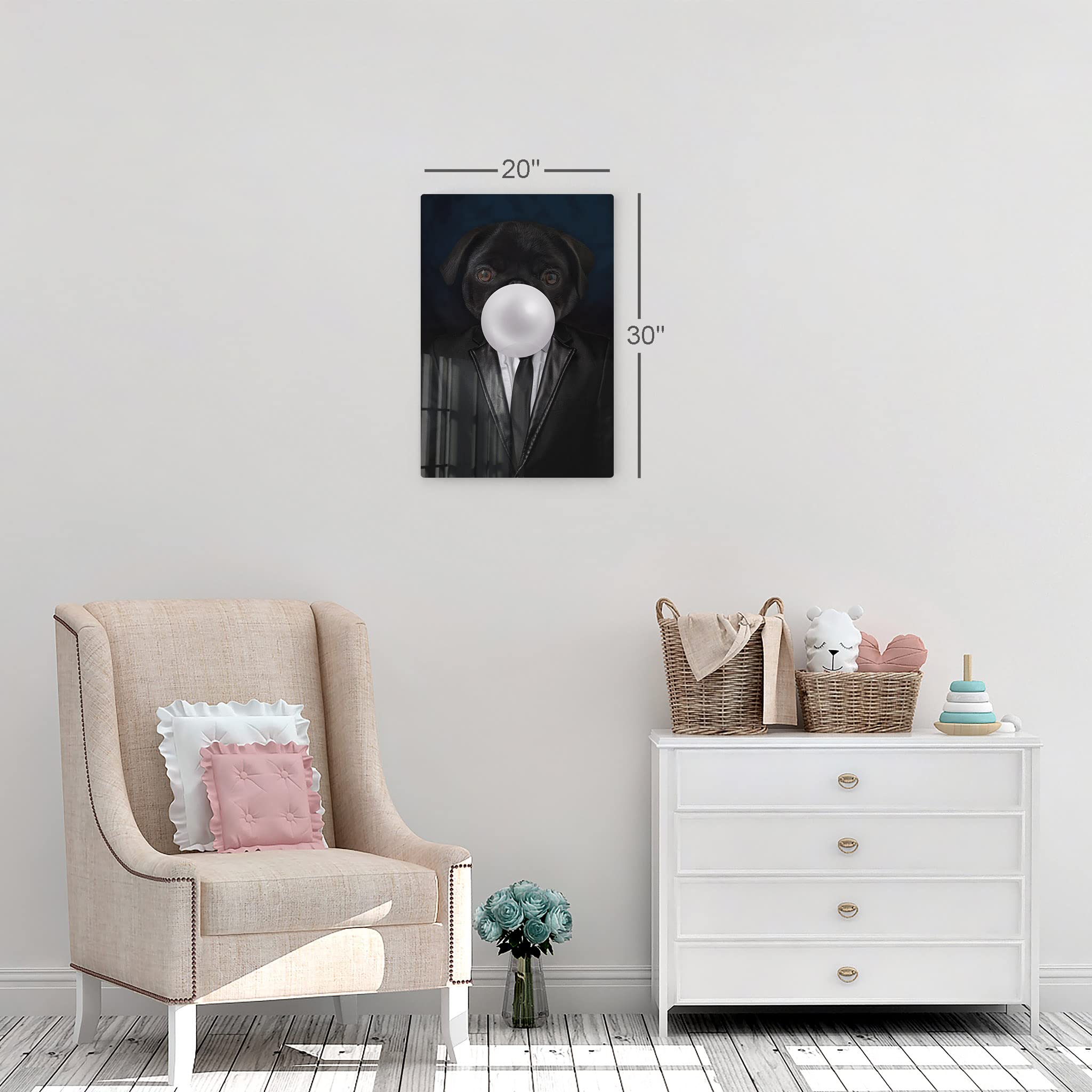 Pug Dog in Suit Chewing Bubble Gum Metal Wall Art Print - Pet Lover Gift, Animal Pop Art Decor for Office, Living Room, Bedroom & Nursery (24x16) - Perfect for Dog Themed Rooms & Unique Home Decor
