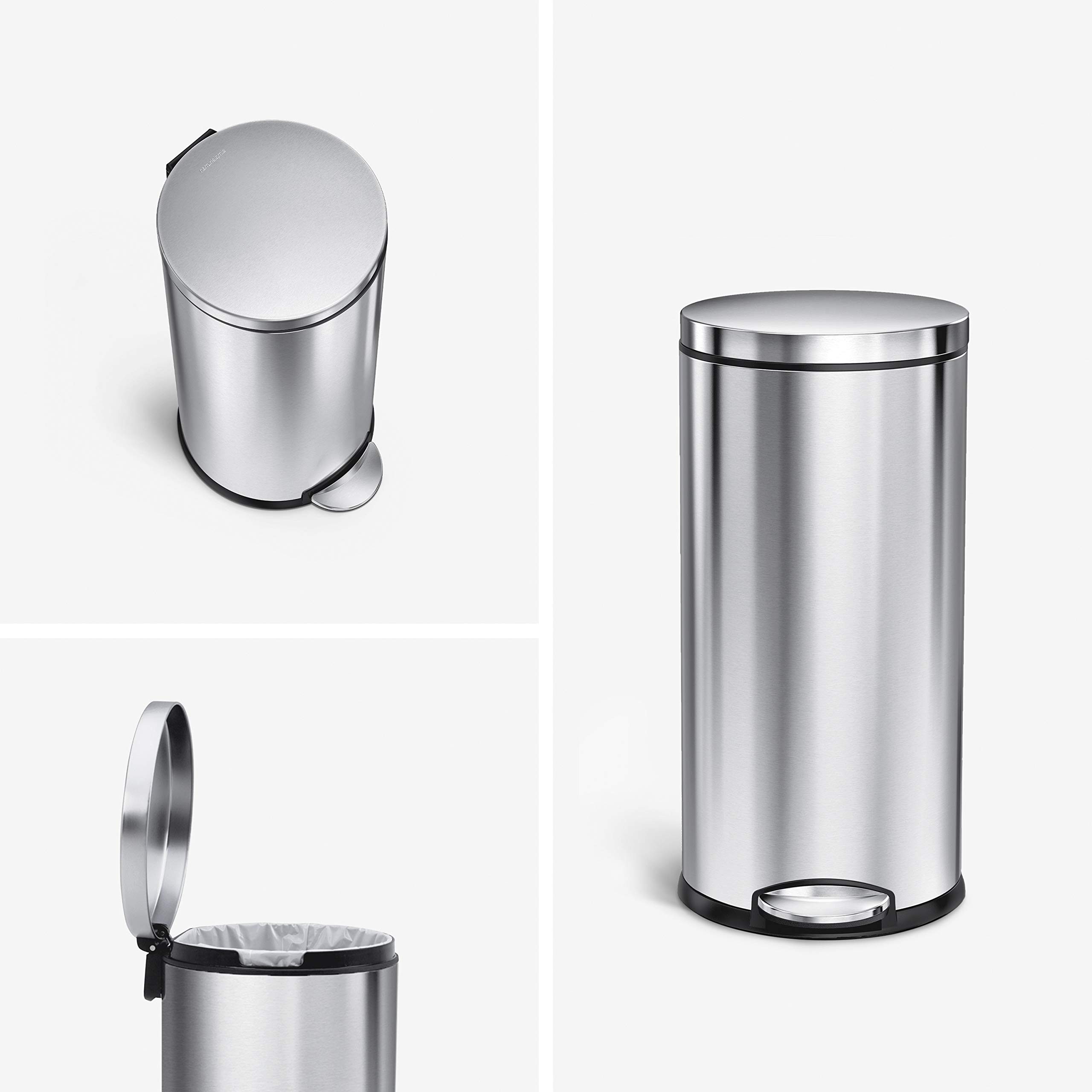 simplehuman 30L/8 Gallon Round Step Trash Can & 4.5L/1.2 Gallon Bathroom Step Trash Can Set - Brushed Stainless Steel | Kitchen & Bathroom Waste Bin with Foot Pedal for Hands-Free Use