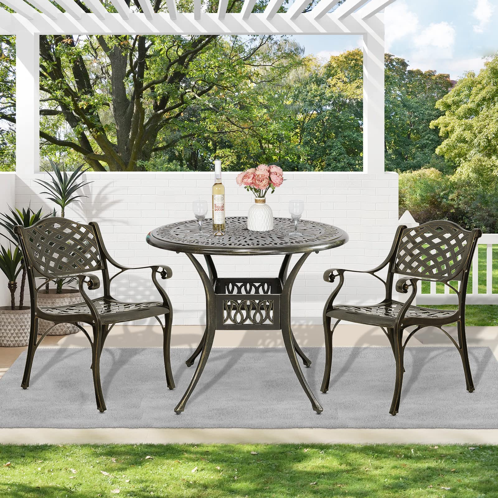 MEETWARM 3-Piece Outdoor Patio Bistro Set - All-Weather Cast Aluminum Dining Table with 2 Chairs & 35.4