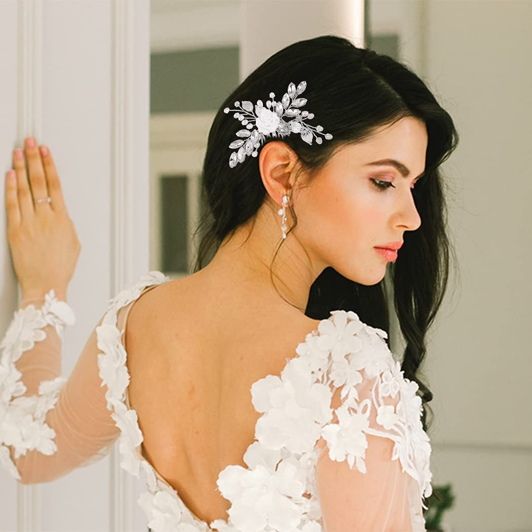 Latious Silver Crystal Bridal Hair Comb - Elegant Flower & Leaf Design Wedding Hair Accessories for Women & Girls | Perfect for Brides, Bridesmaids, and Special Occasions